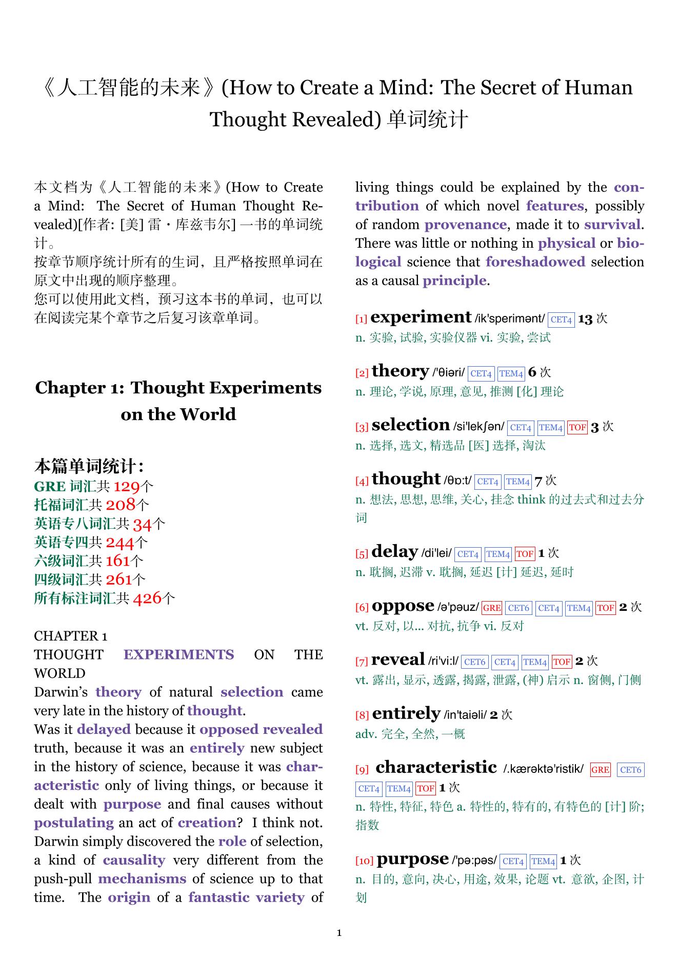 How to Create a Mind: The Secret of Human Thought Revealed章节单词统计