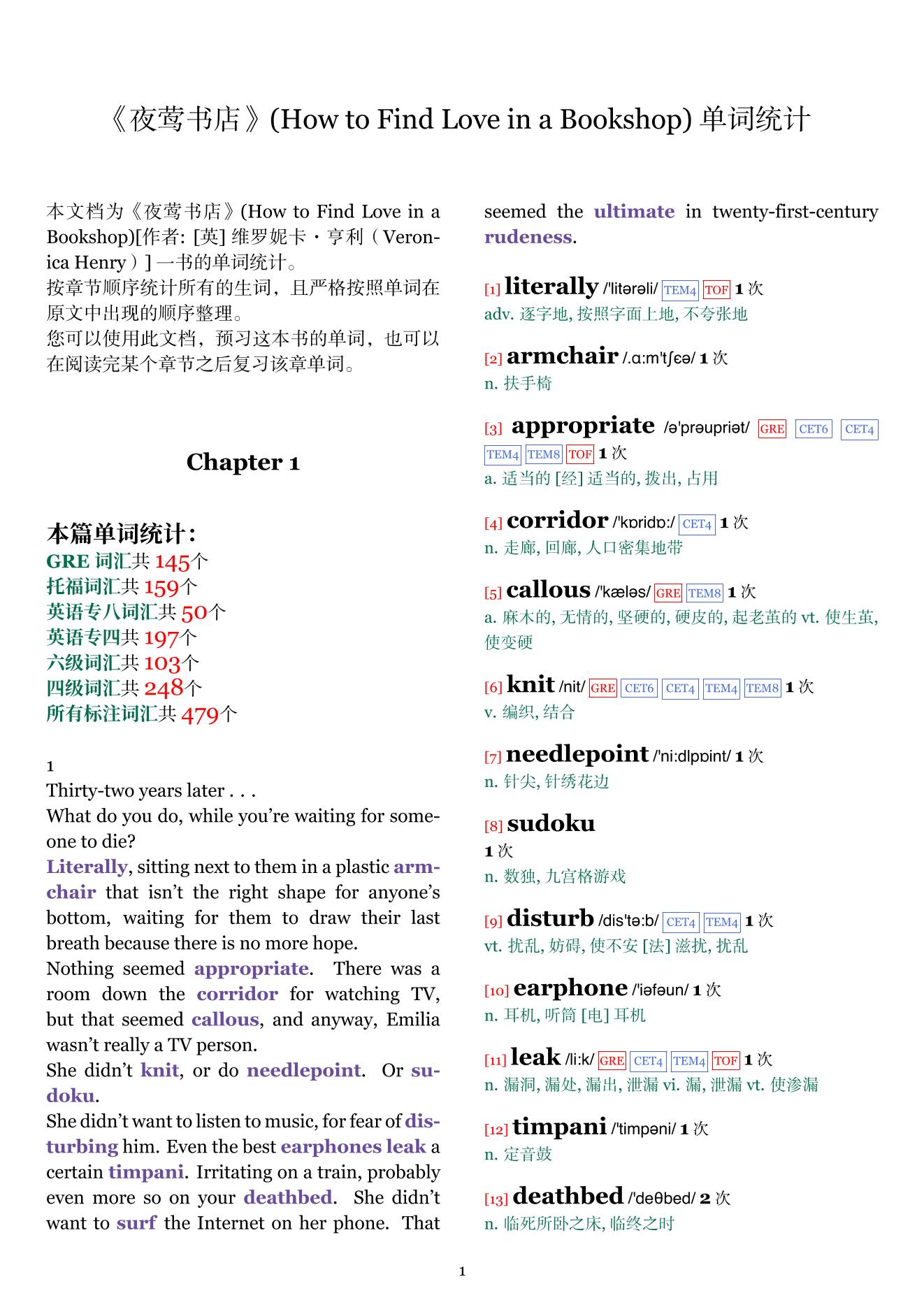 How to Find Love in a Bookshop章节单词统计
