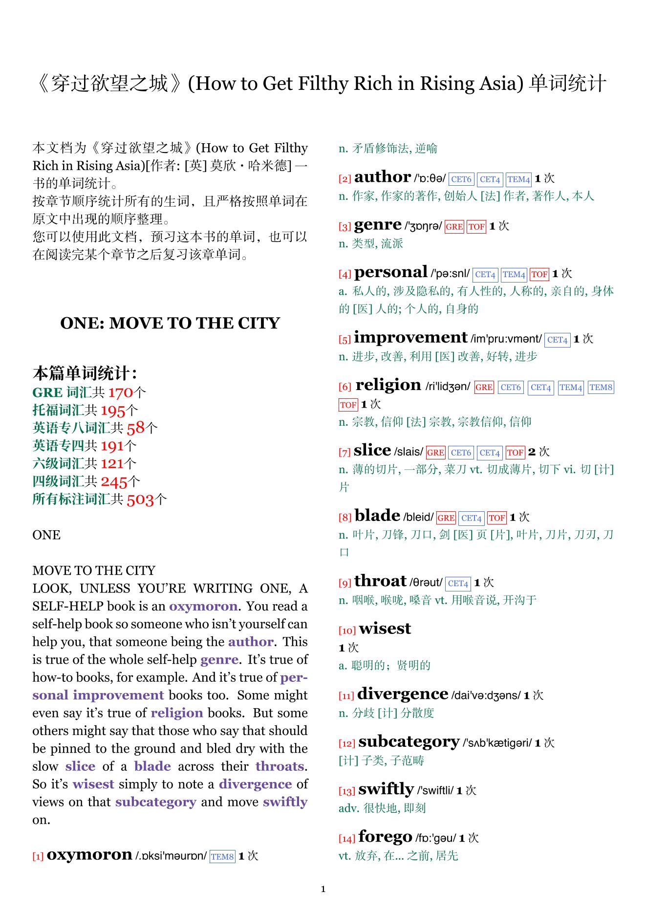 How to Get Filthy Rich in Rising Asia章节单词统计