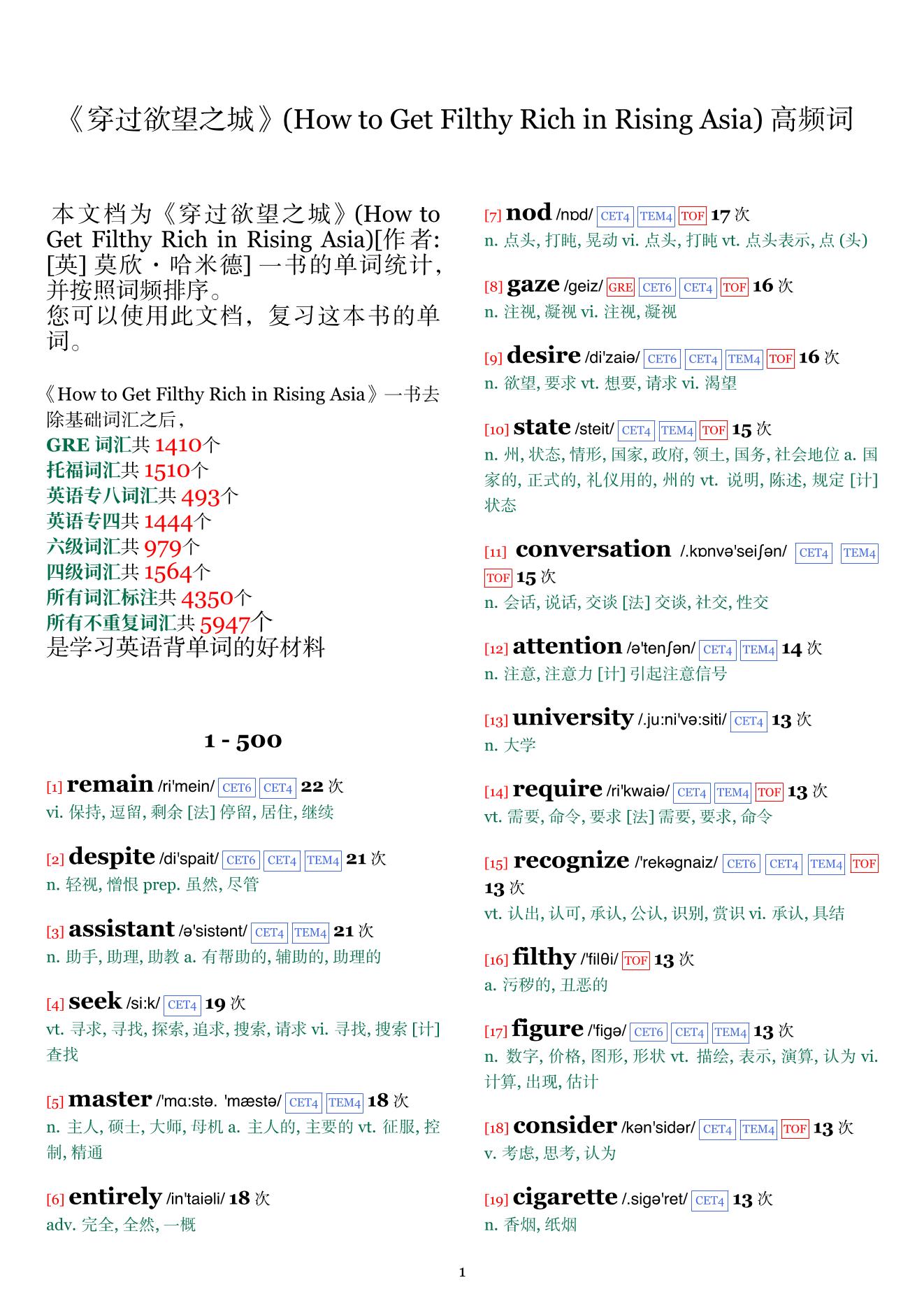 How to Get Filthy Rich in Rising Asia词频统计