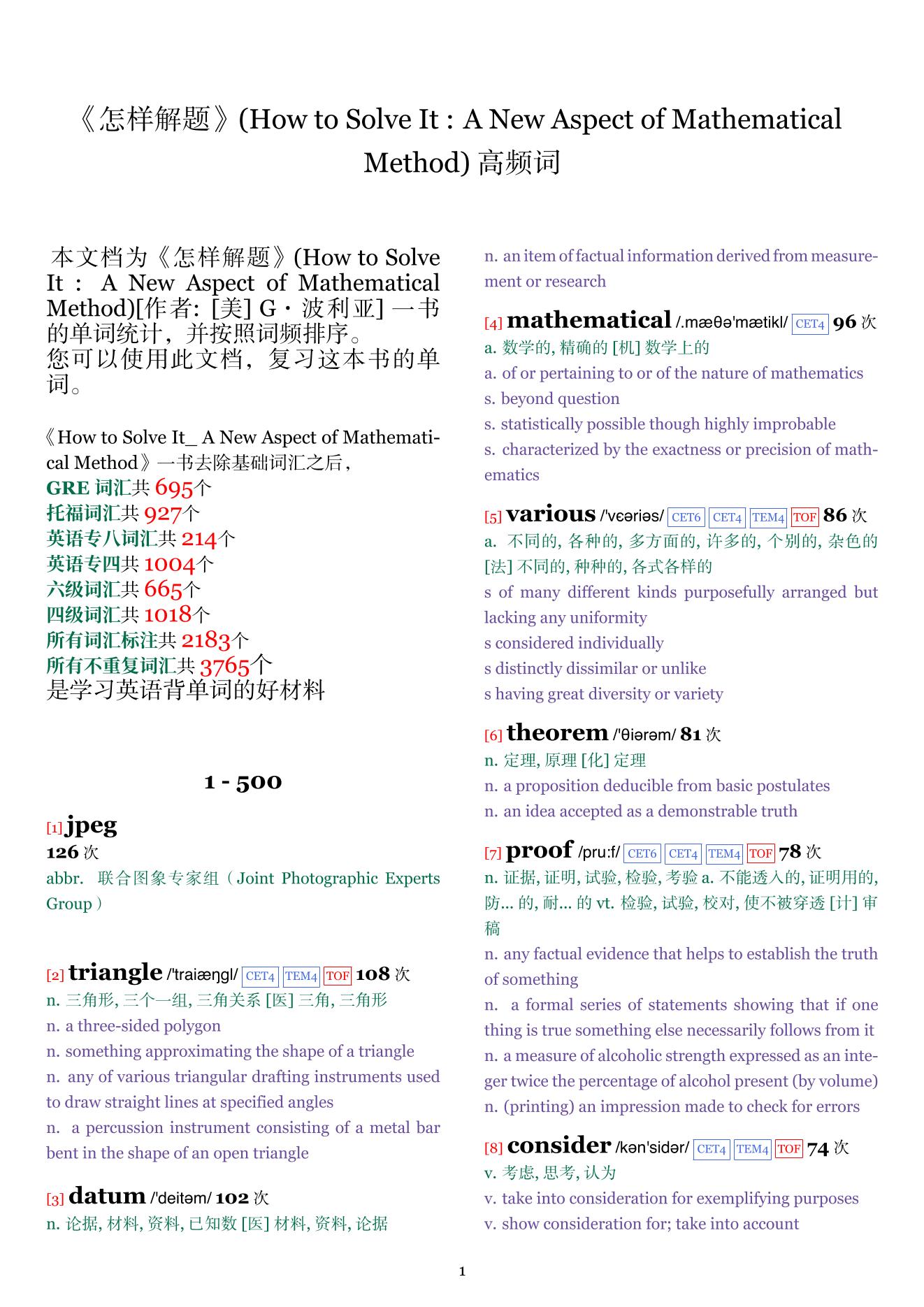 How to Solve It : A New Aspect of Mathematical Method词频统计