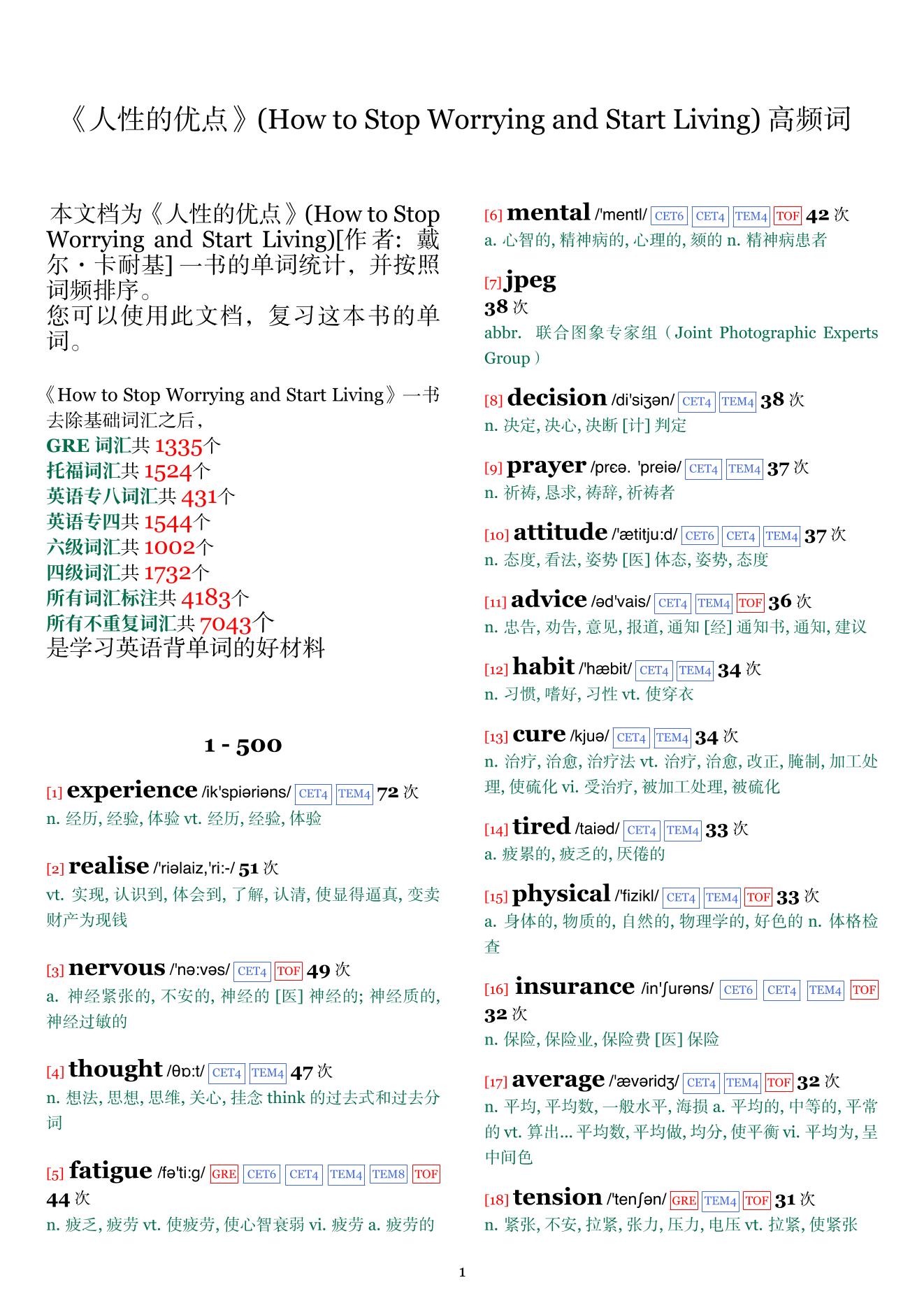 How to Stop Worrying and Start Living词频统计