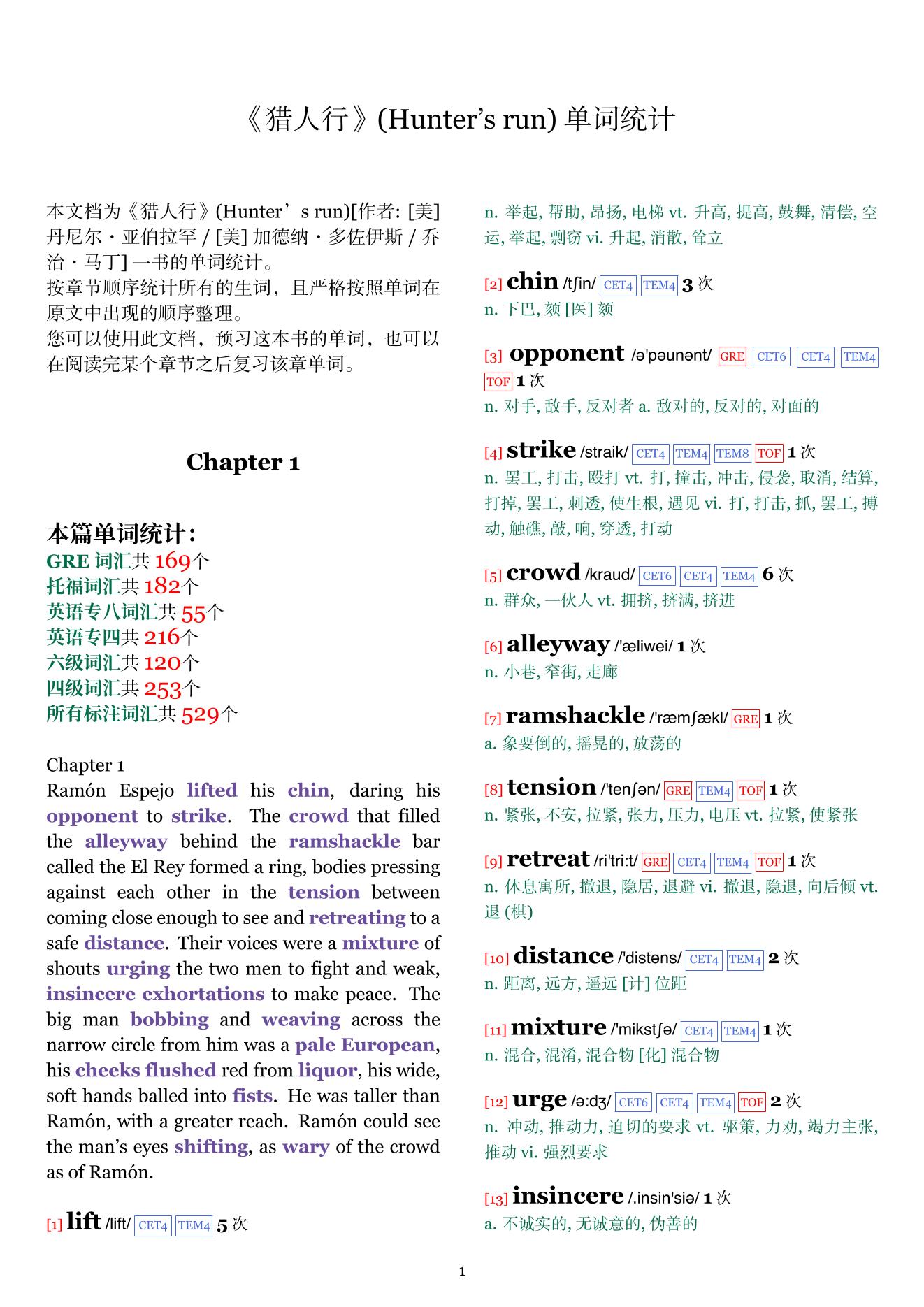 Hunter’s run章节单词统计