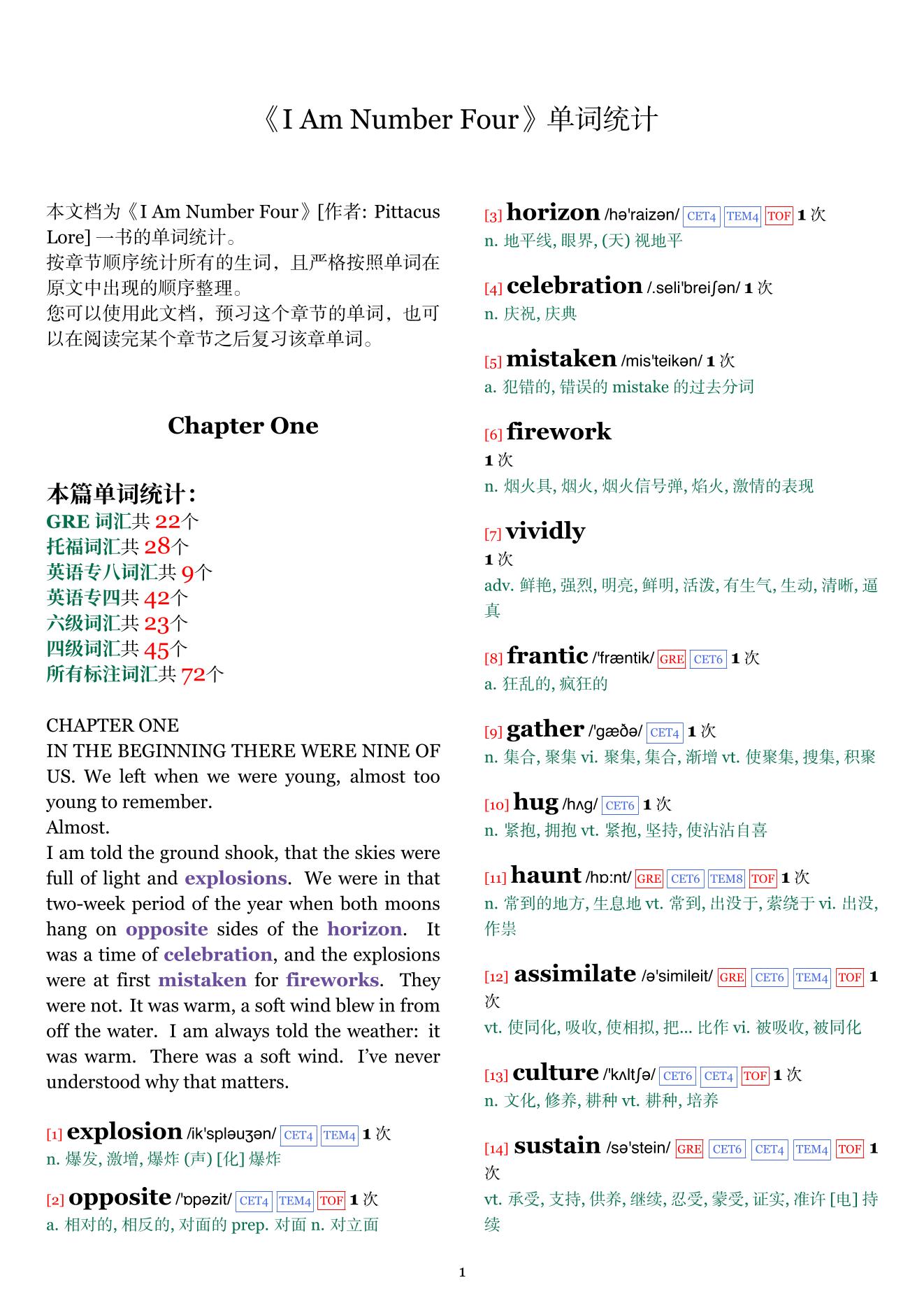 I Am Number Four章节单词统计