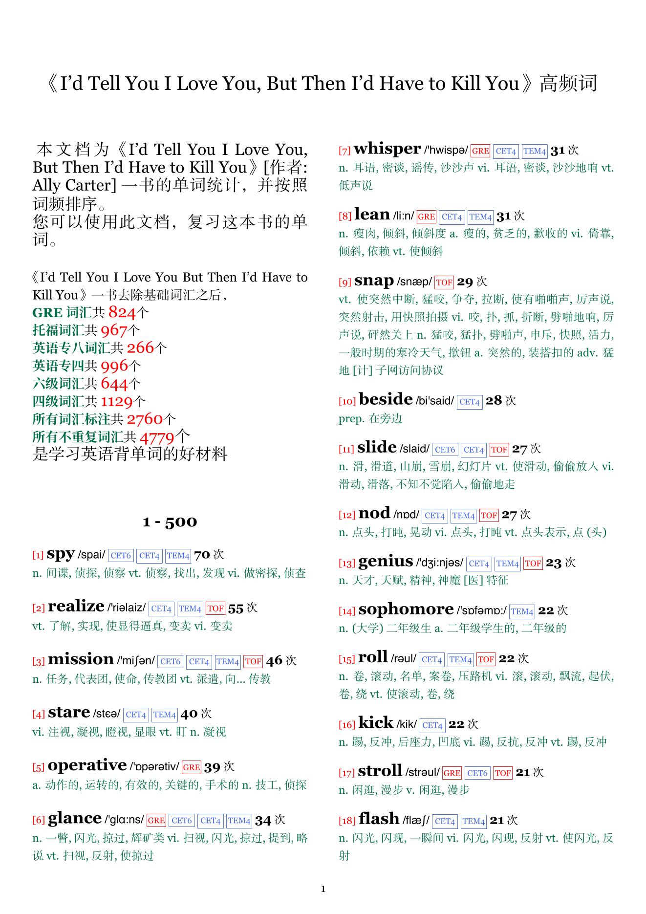 I'd Tell You I Love You, But Then I'd Have to Kill You词频统计