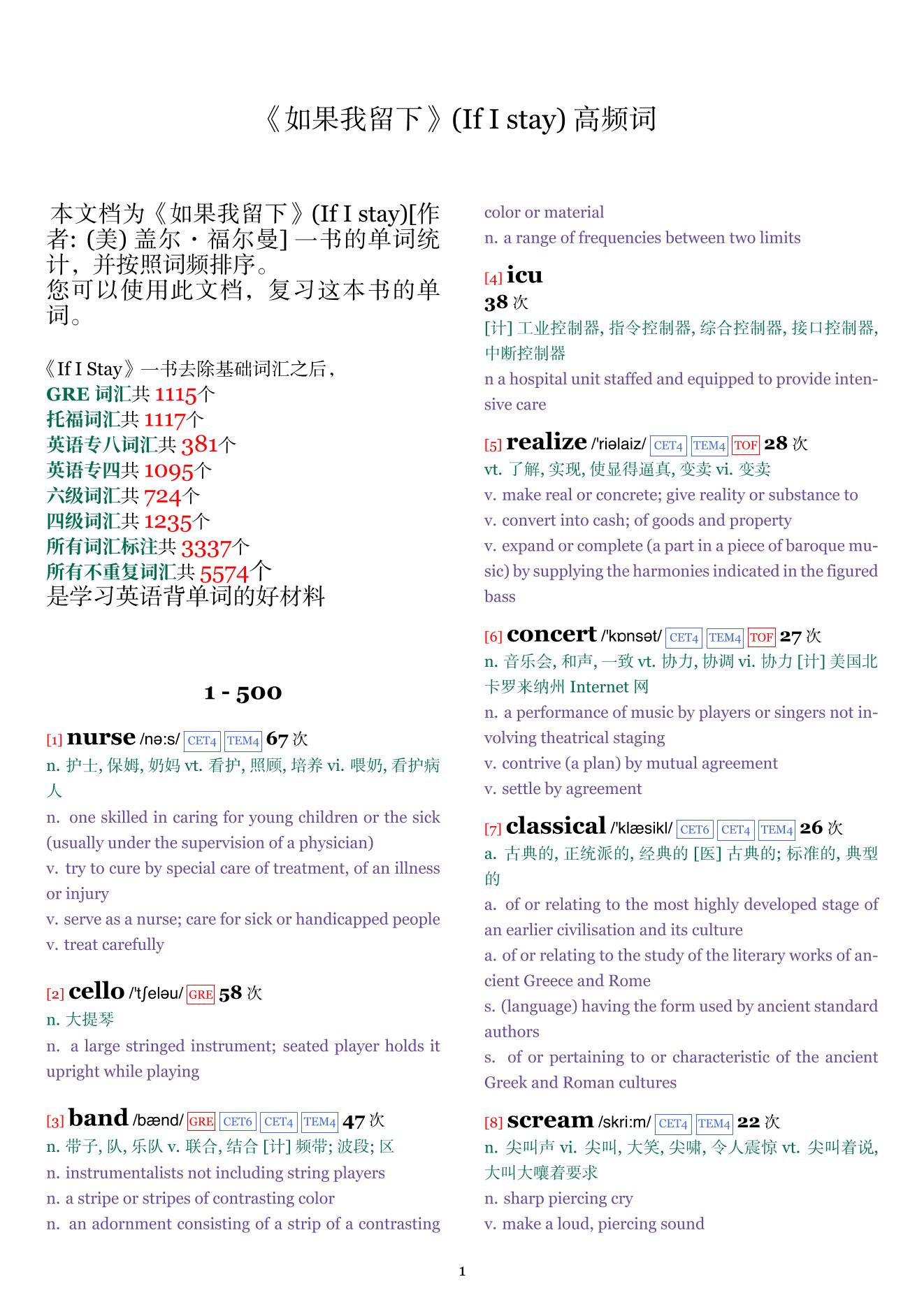 If I stay词频统计