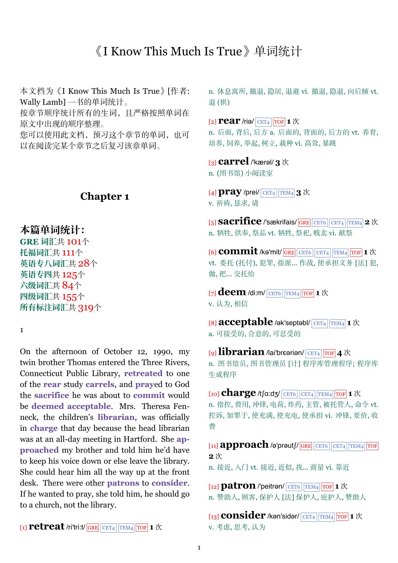 I Know This Much Is True章节单词统计
