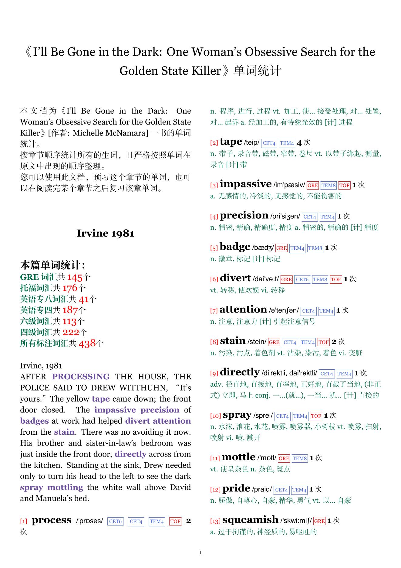 I'll Be Gone in the Dark: One Woman's Obsessive Search for the Golden State Killer章节单词统计