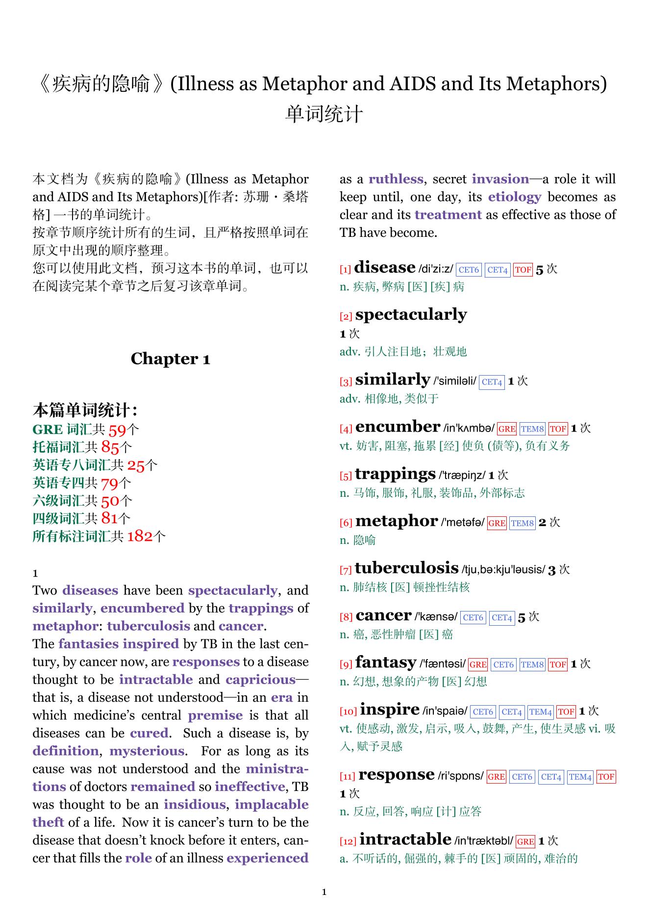 Illness as Metaphor and AIDS and Its Metaphors章节单词统计