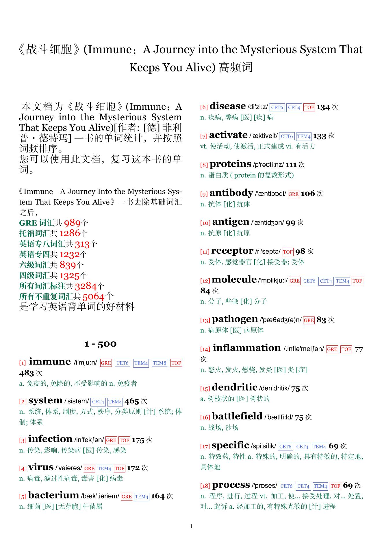 Immune：A Journey into the Mysterious System That Keeps You Alive词频统计