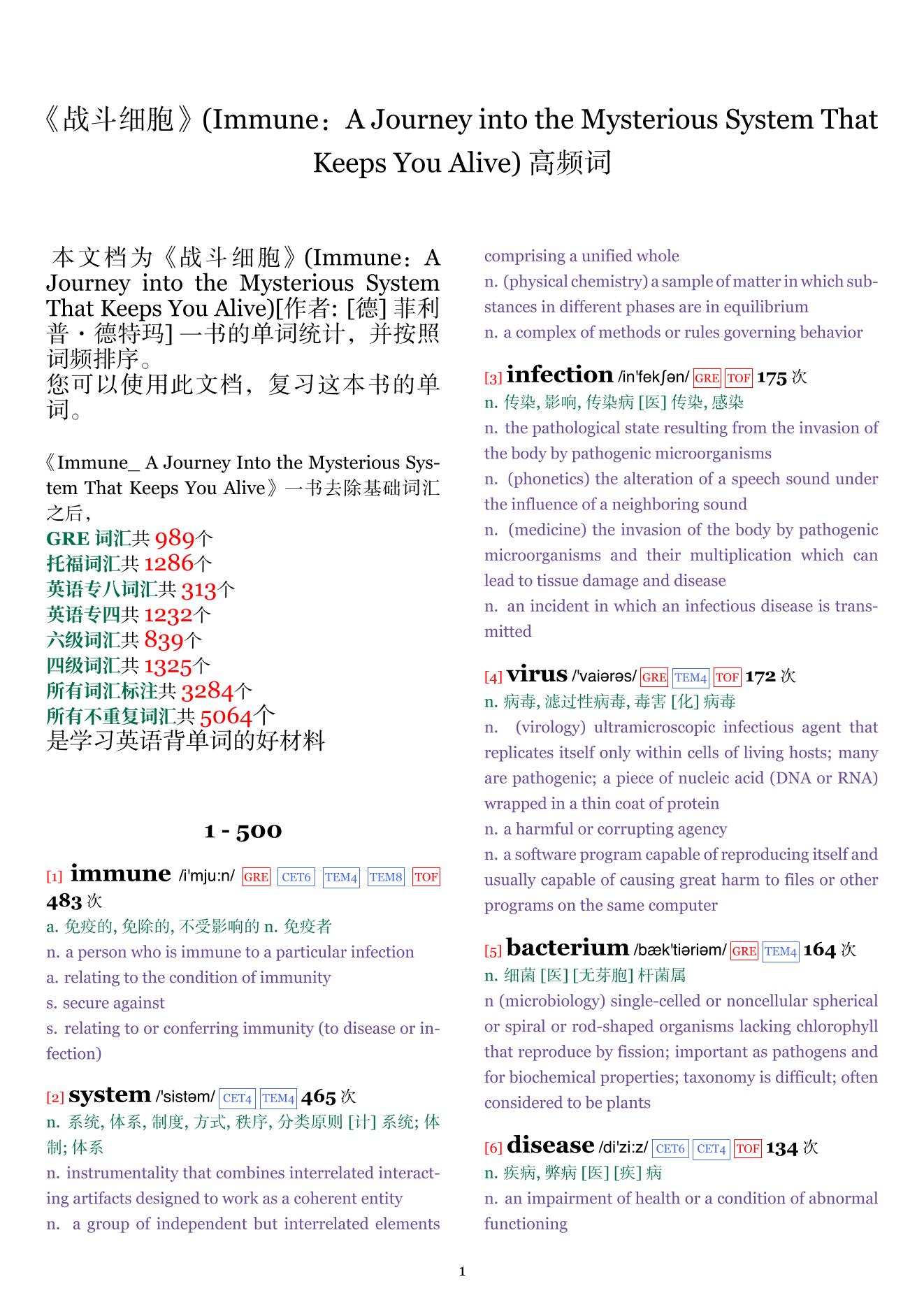 Immune：A Journey into the Mysterious System That Keeps You Alive词频统计