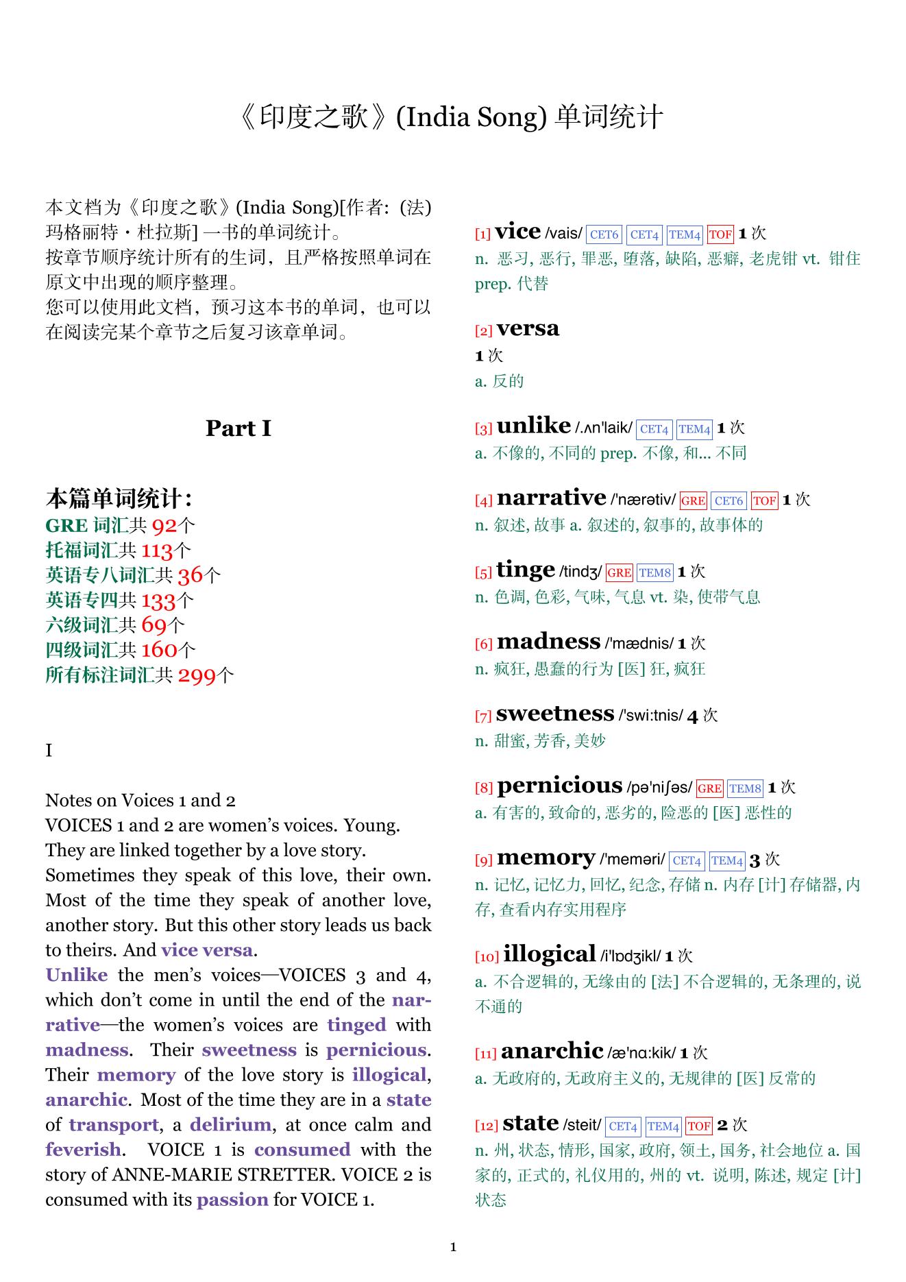 India Song章节单词统计
