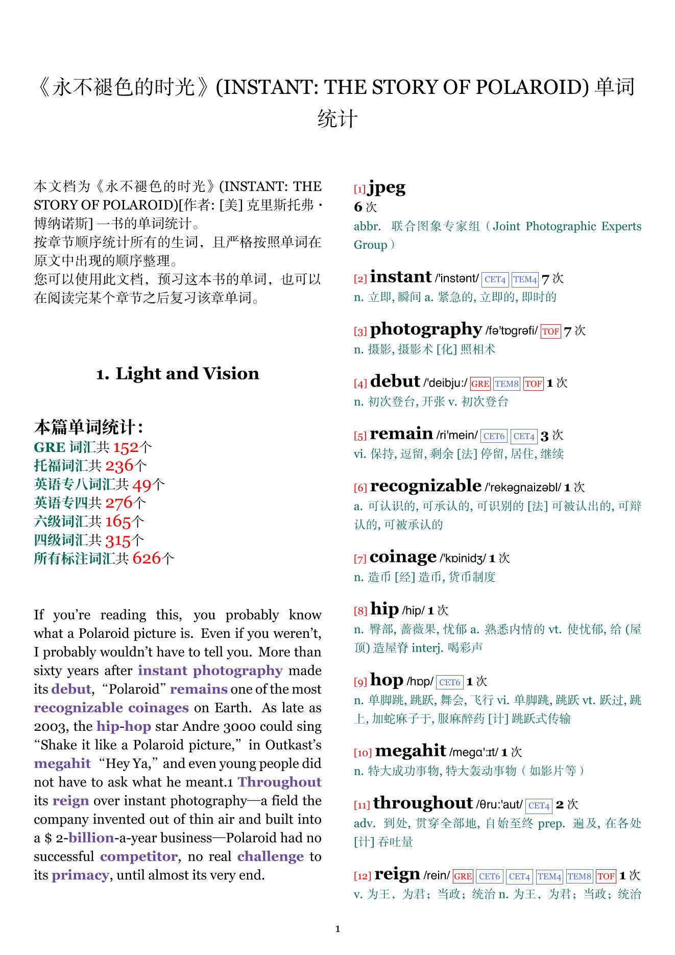 INSTANT: THE STORY OF POLAROID章节单词统计