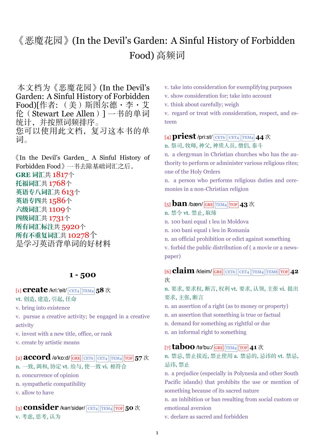In the Devil's Garden: A Sinful History of Forbidden Food词频统计