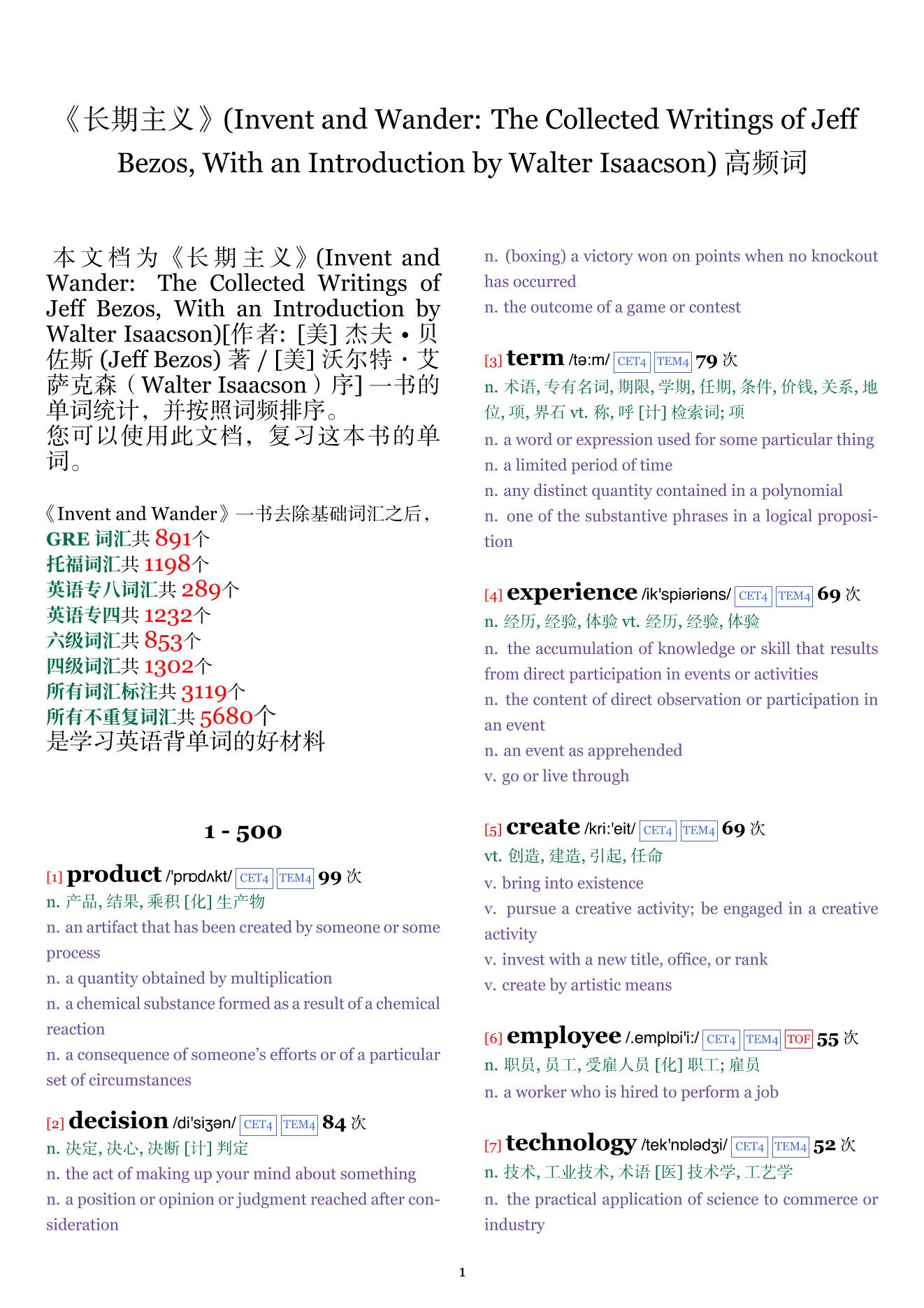 Invent and Wander: The Collected Writings of Jeff Bezos, With an Introduction by Walter Isaacson词频统计