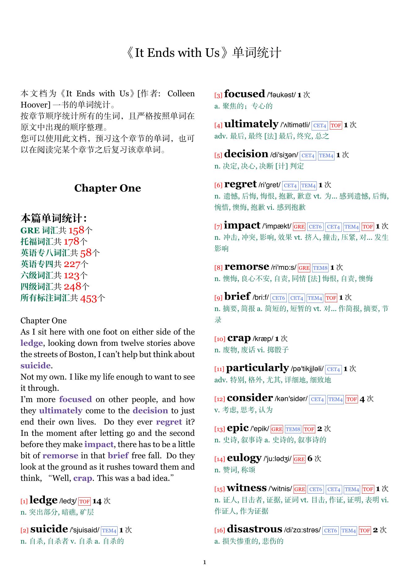 It Ends with Us章节单词统计