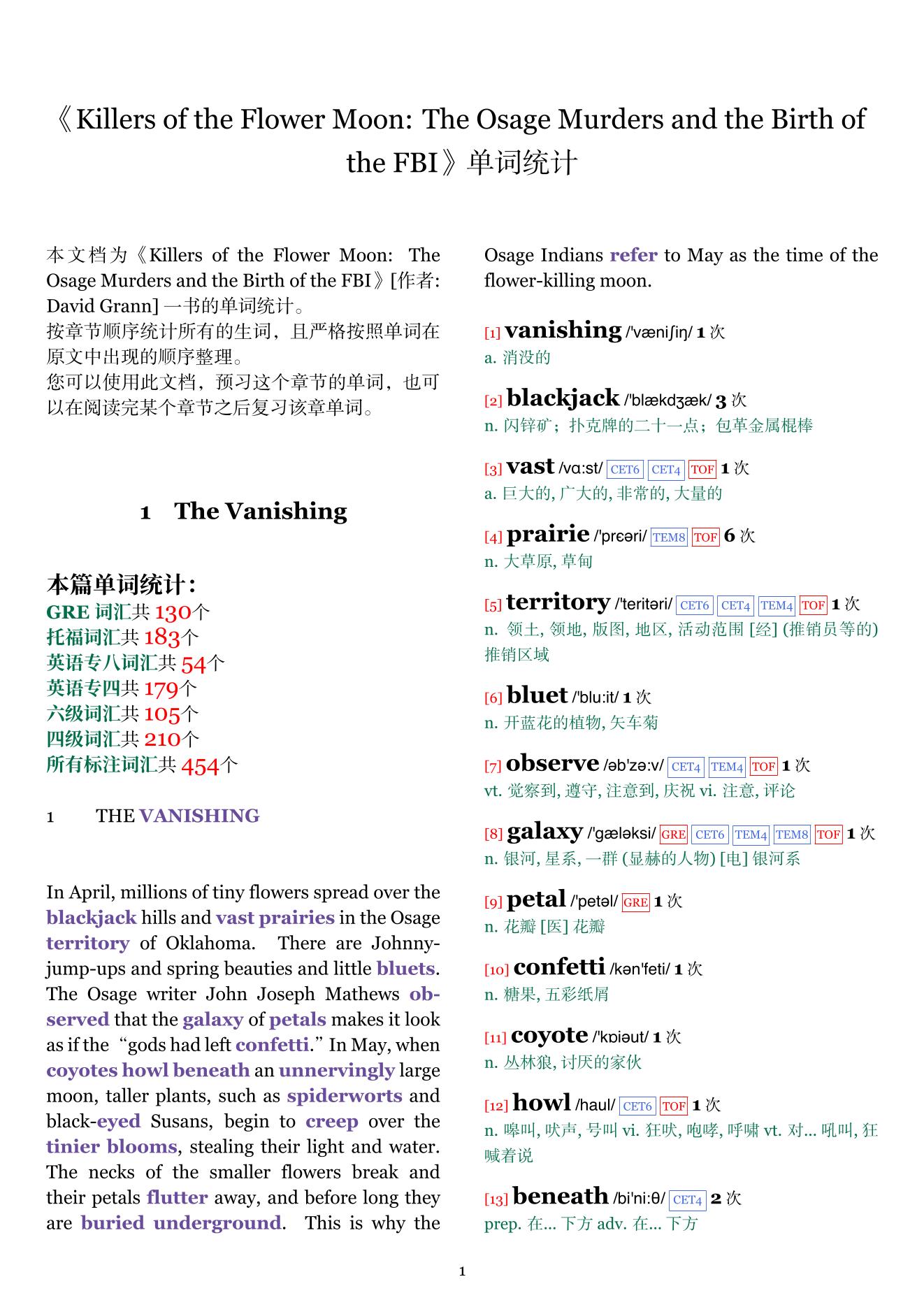 Killers of the Flower Moon: The Osage Murders and the Birth of the FBI章节单词统计