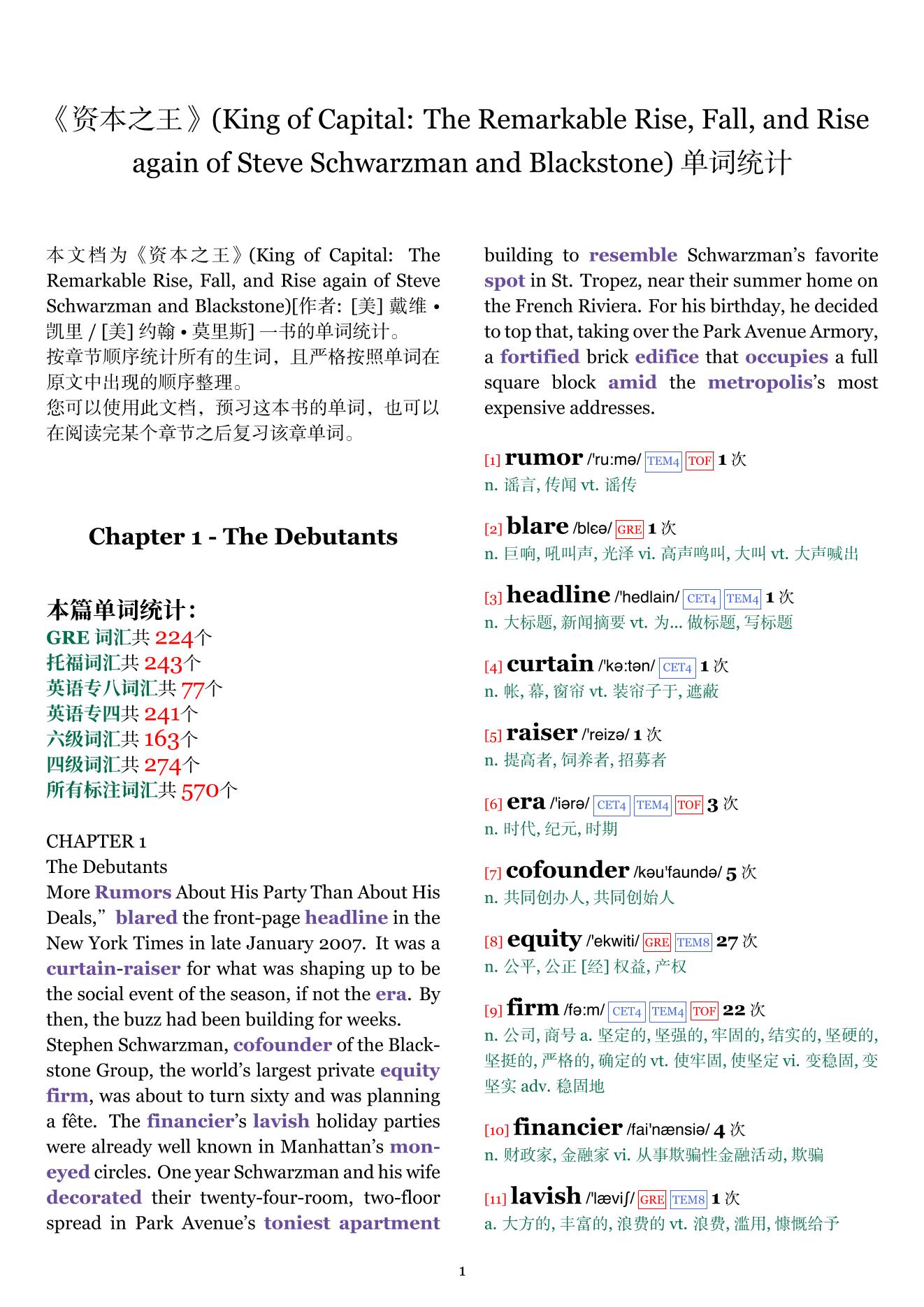 King of Capital: The Remarkable Rise, Fall, and Rise again of Steve Schwarzman and Blackstone章节单词统计