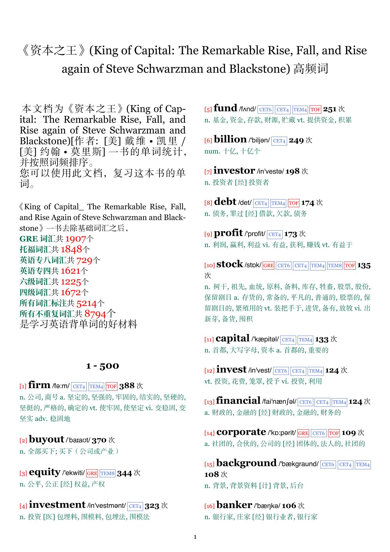 King of Capital: The Remarkable Rise, Fall, and Rise again of Steve Schwarzman and Blackstone词频统计