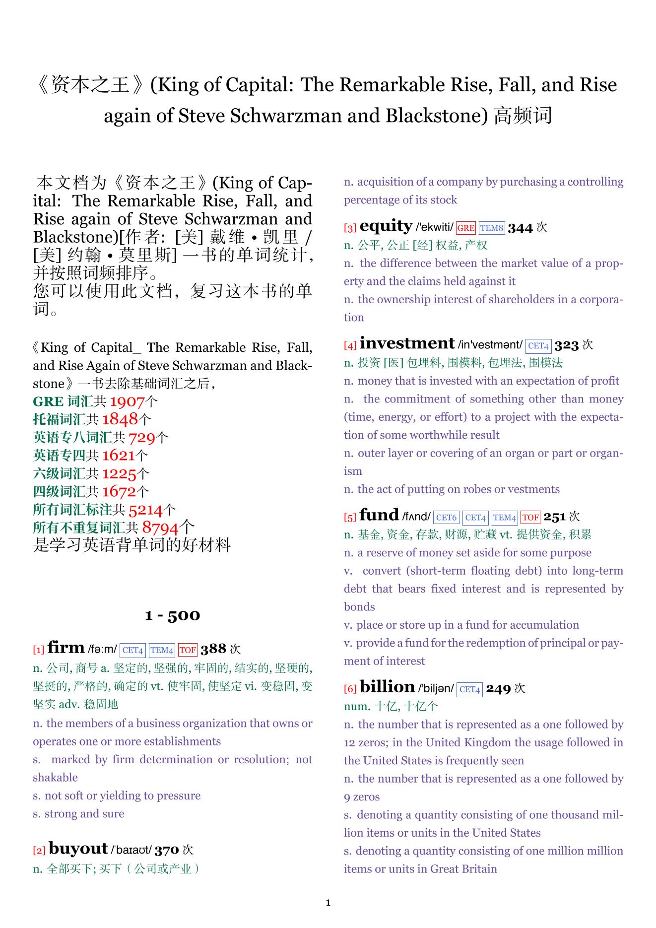 King of Capital: The Remarkable Rise, Fall, and Rise again of Steve Schwarzman and Blackstone词频统计