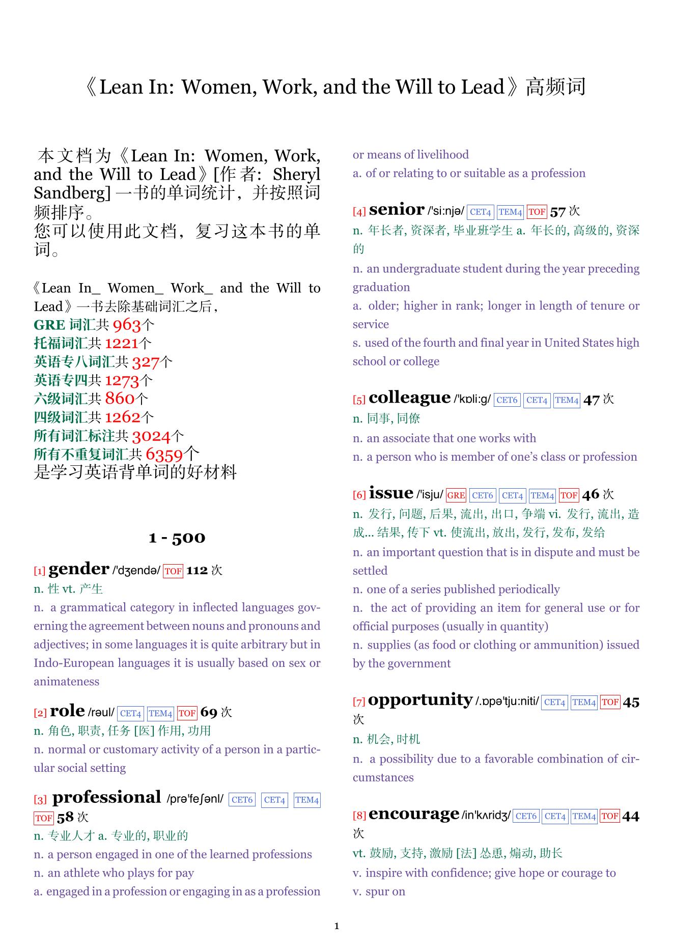 Lean In: Women, Work, and the Will to Lead词频统计