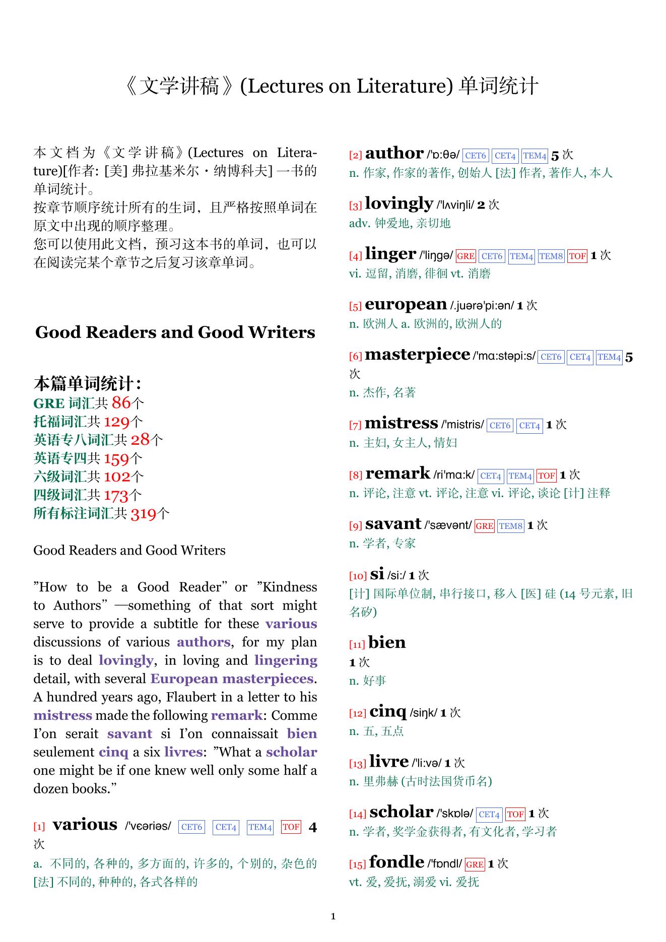 Lectures on Literature章节单词统计