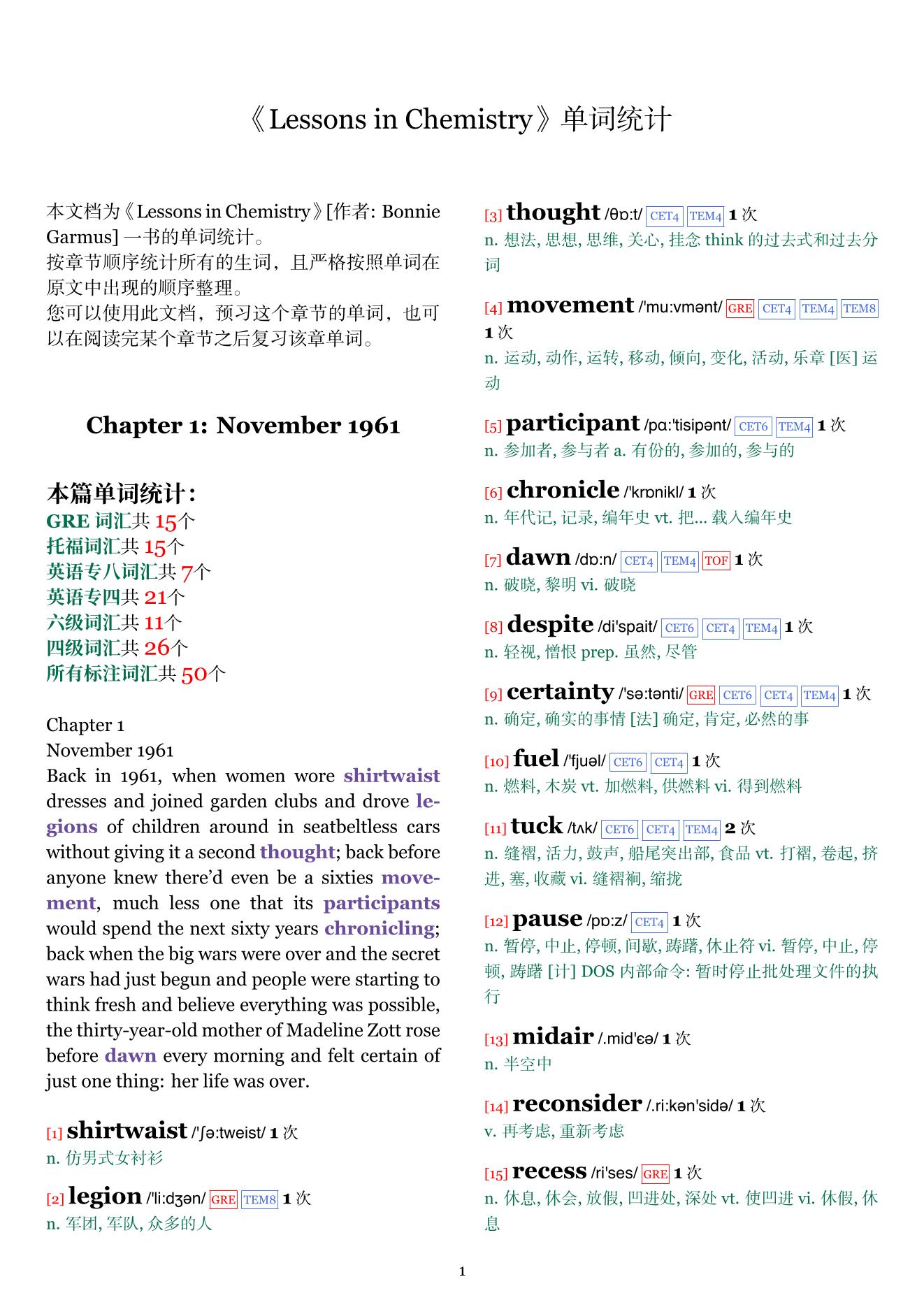 Lessons in Chemistry章节单词统计