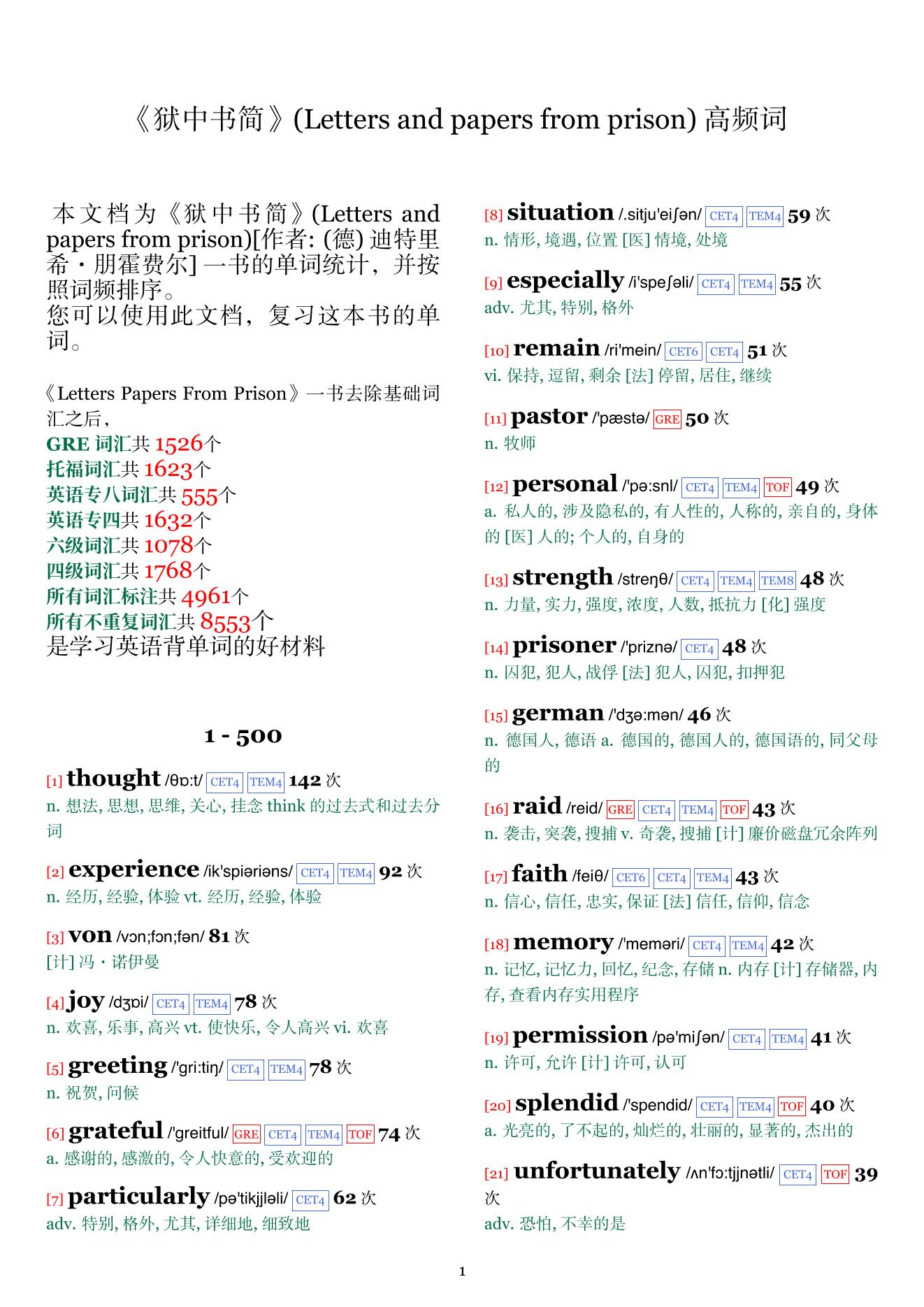Letters and papers from prison词频统计