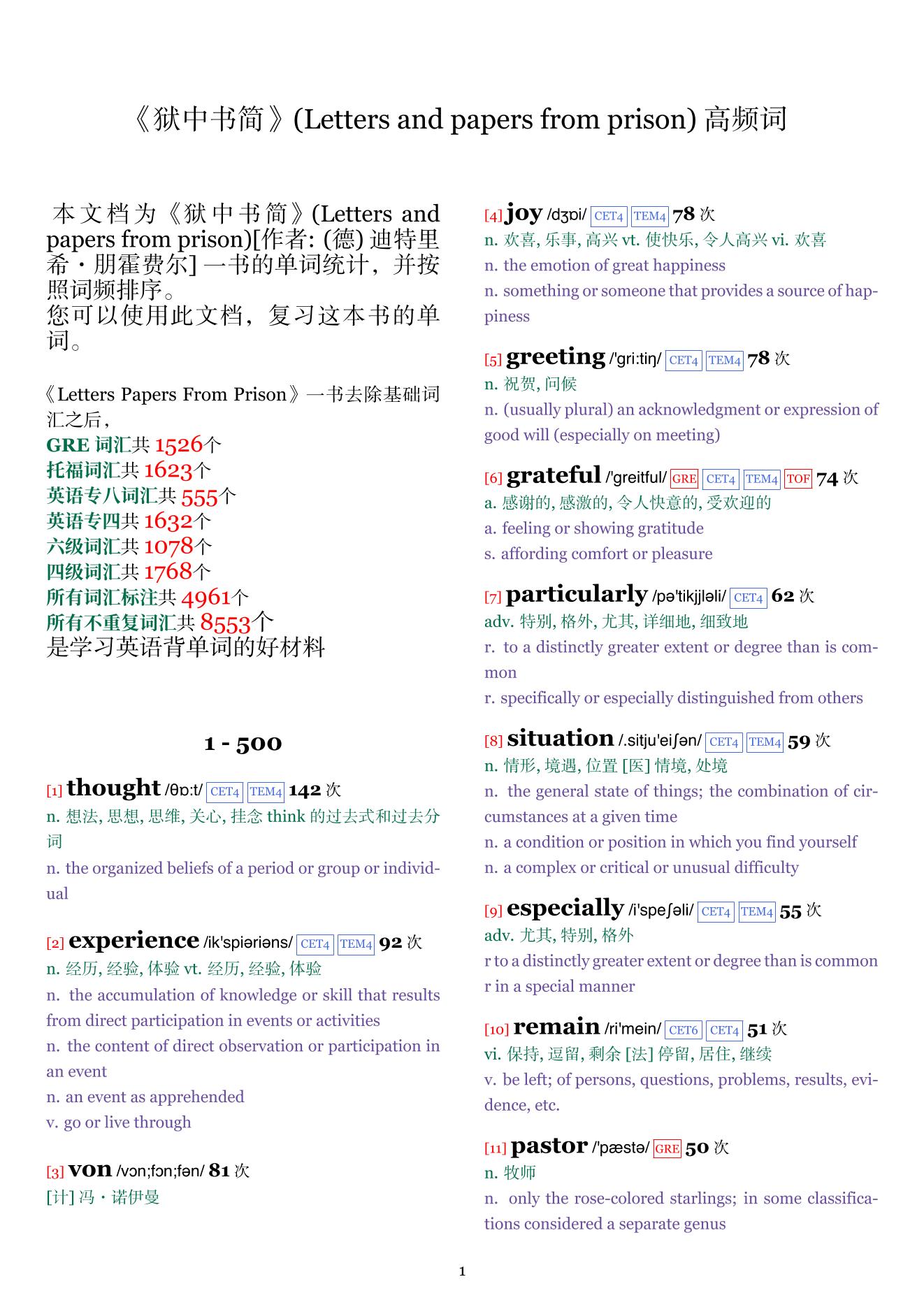Letters and papers from prison词频统计