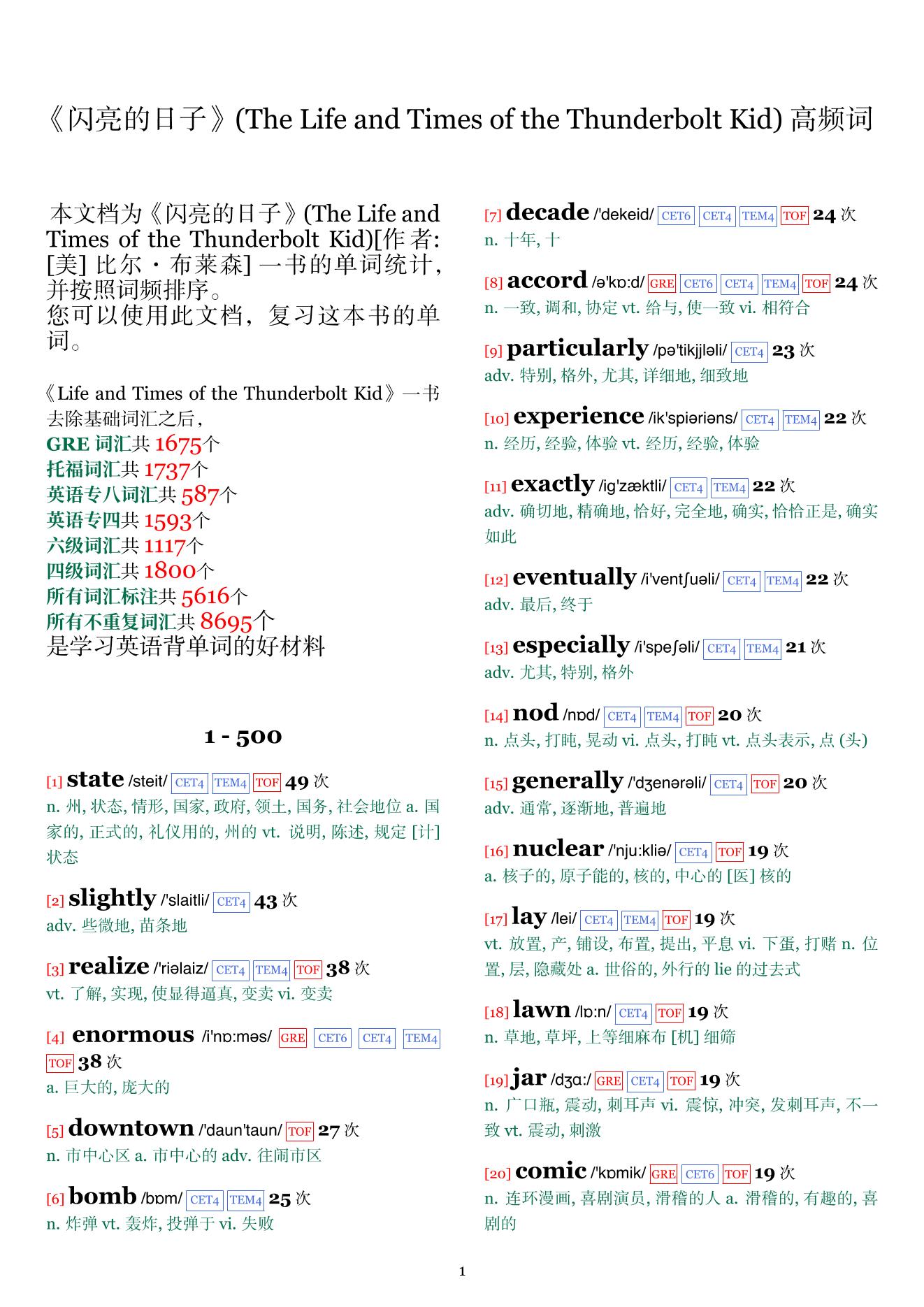 The Life and Times of the Thunderbolt Kid词频统计