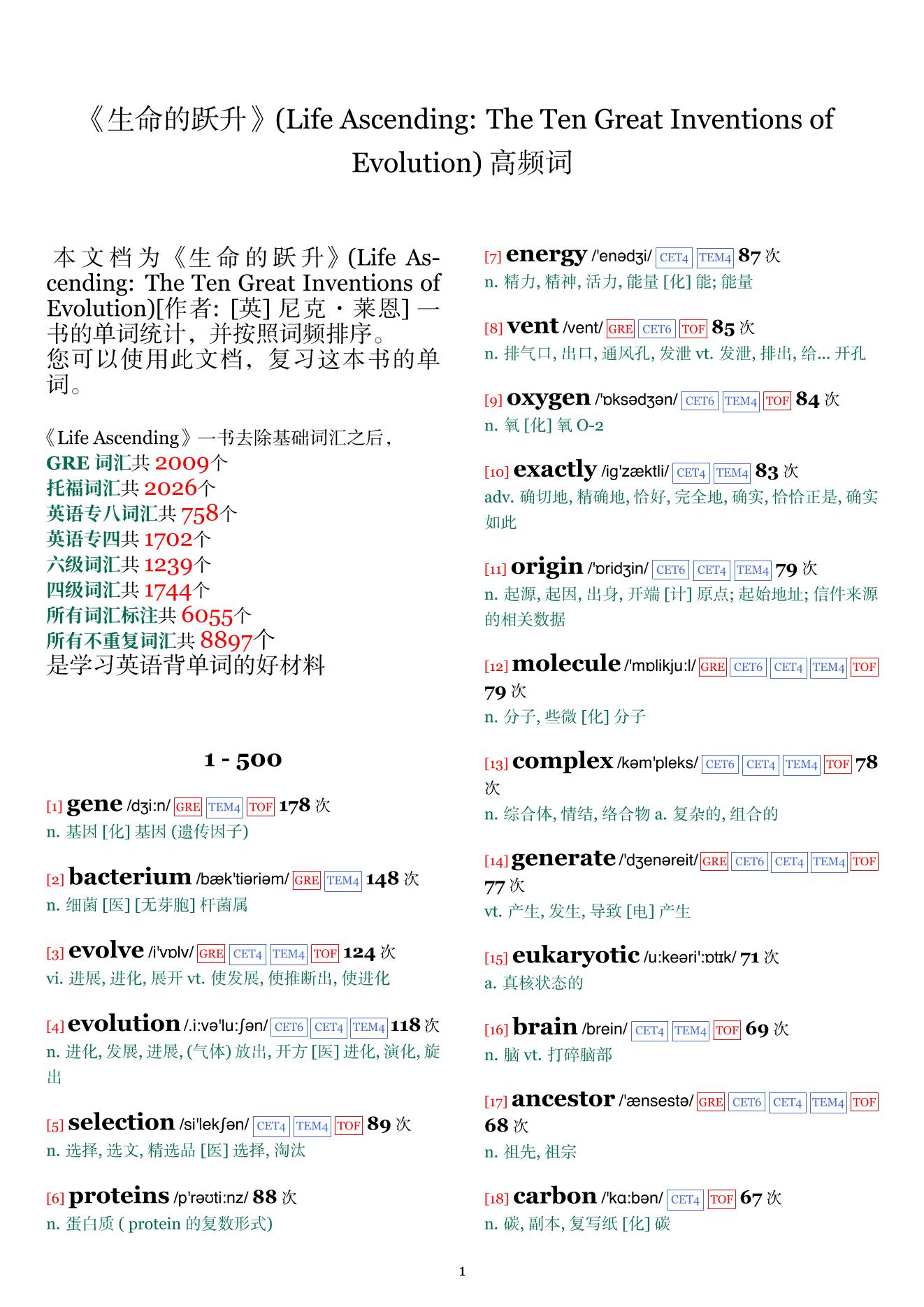 Life Ascending: The Ten Great Inventions of Evolution词频统计