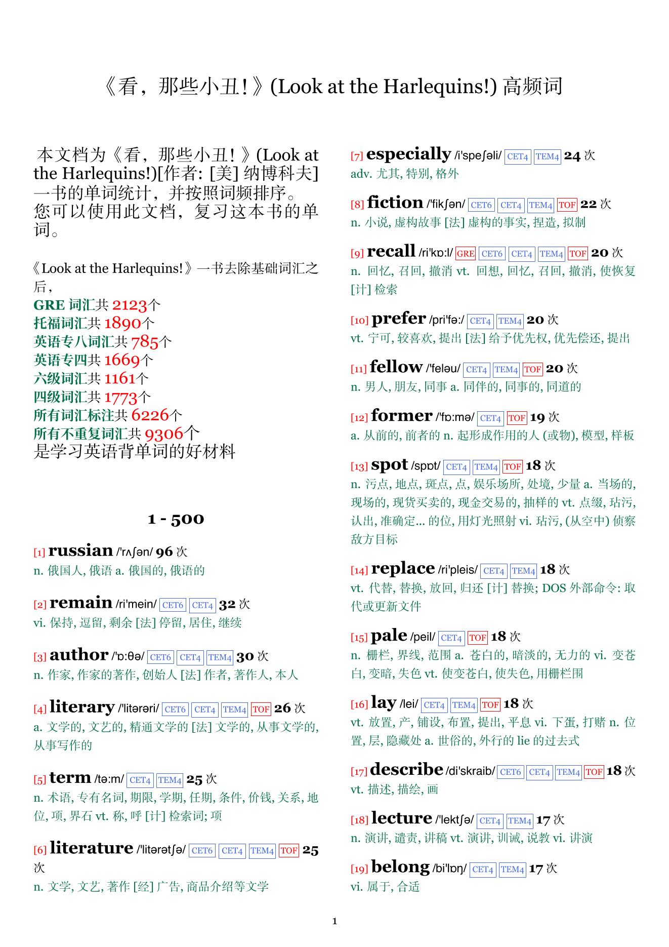 Look at the Harlequins!词频统计