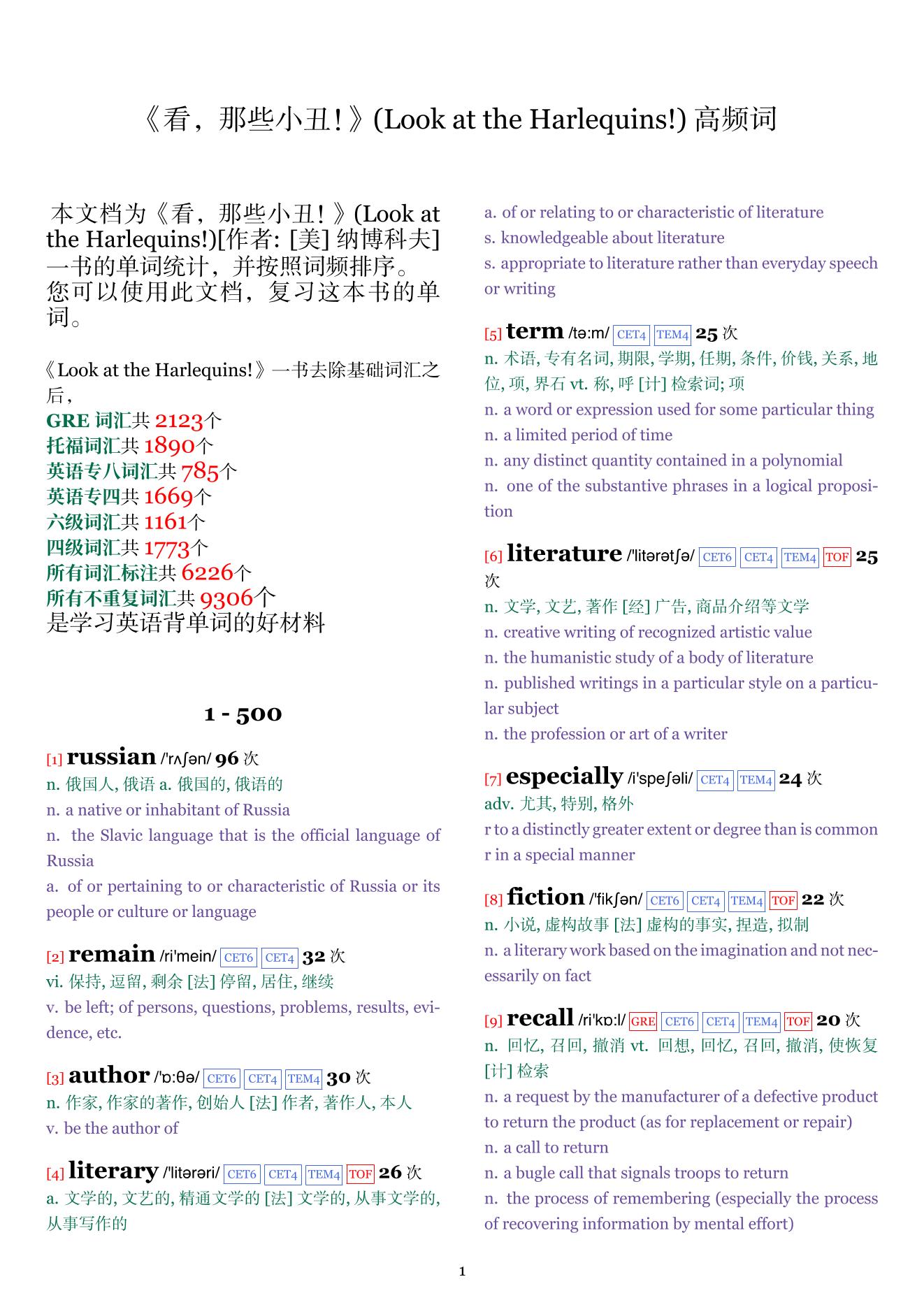 Look at the Harlequins!词频统计