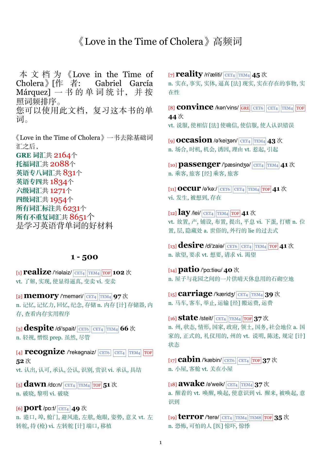 Love in the Time of Cholera词频统计