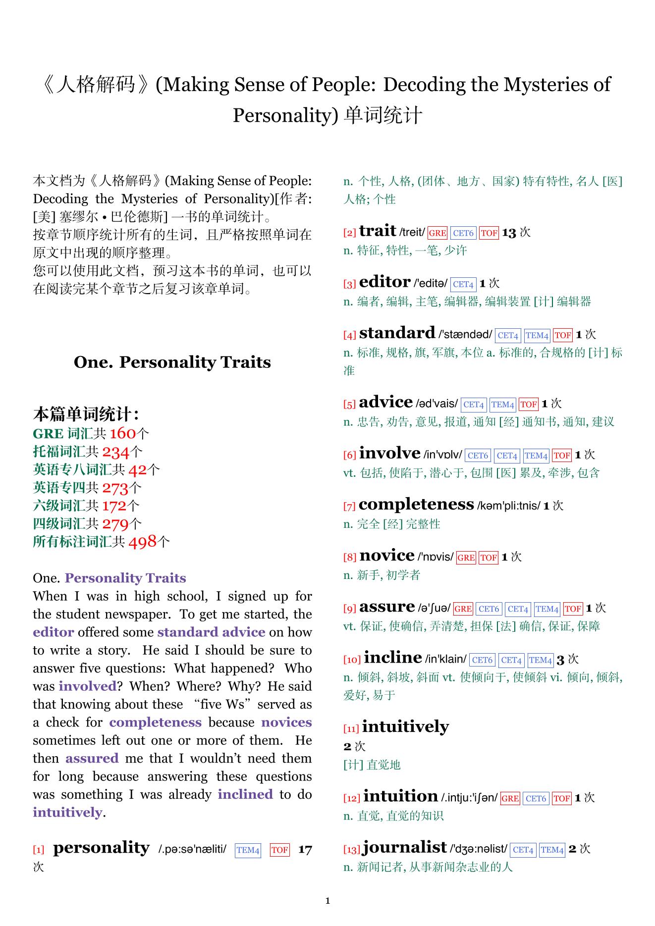 Making Sense of People: Decoding the Mysteries of Personality章节单词统计