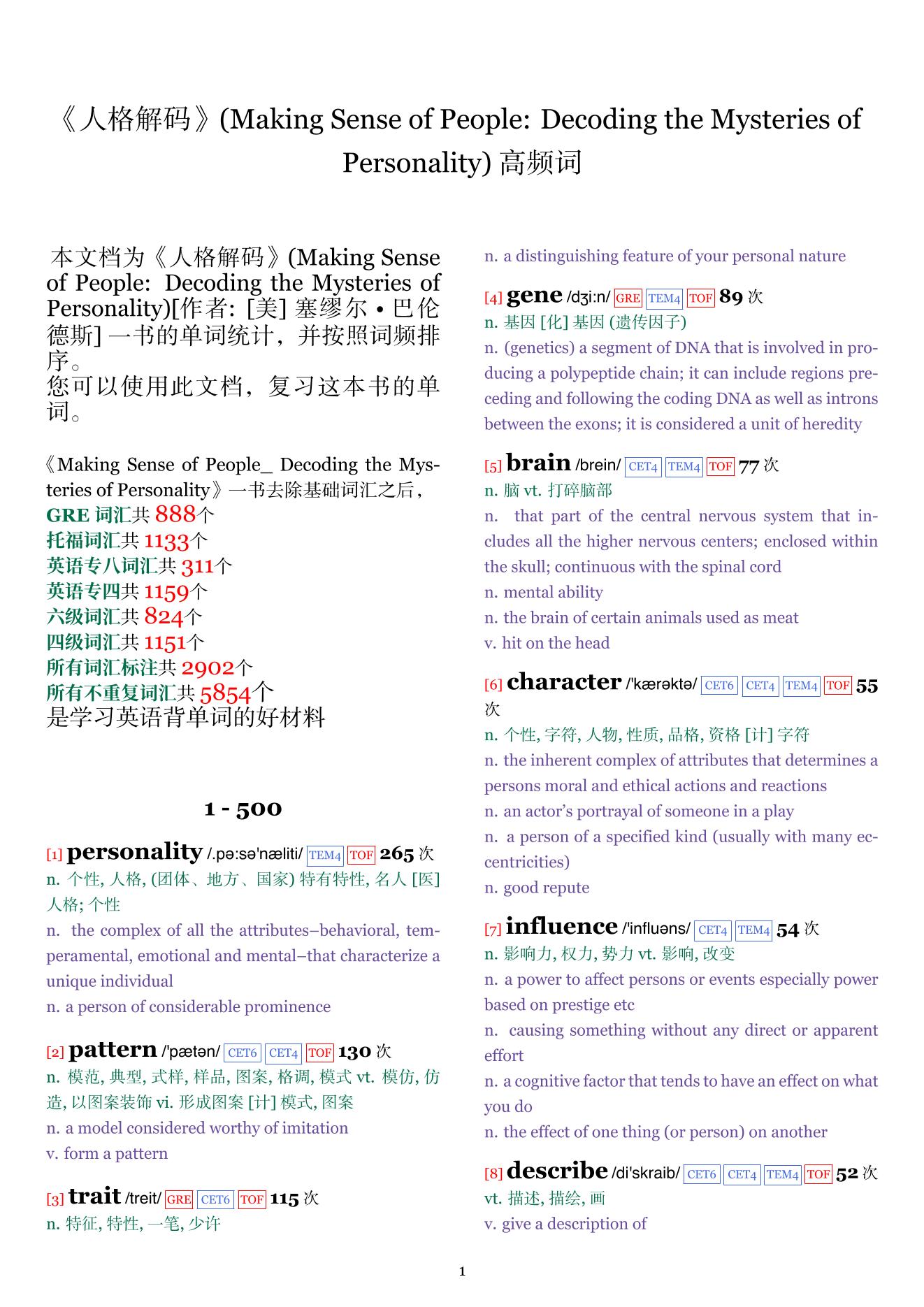 Making Sense of People: Decoding the Mysteries of Personality词频统计