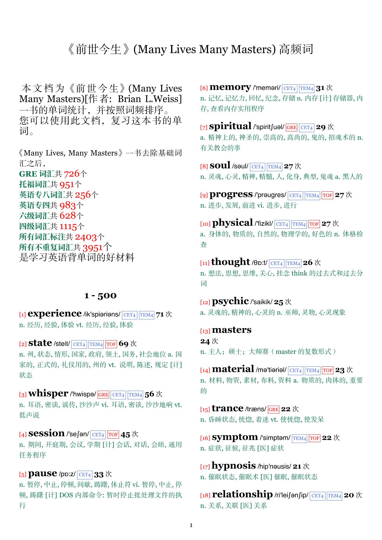 Many Lives Many Masters词频统计