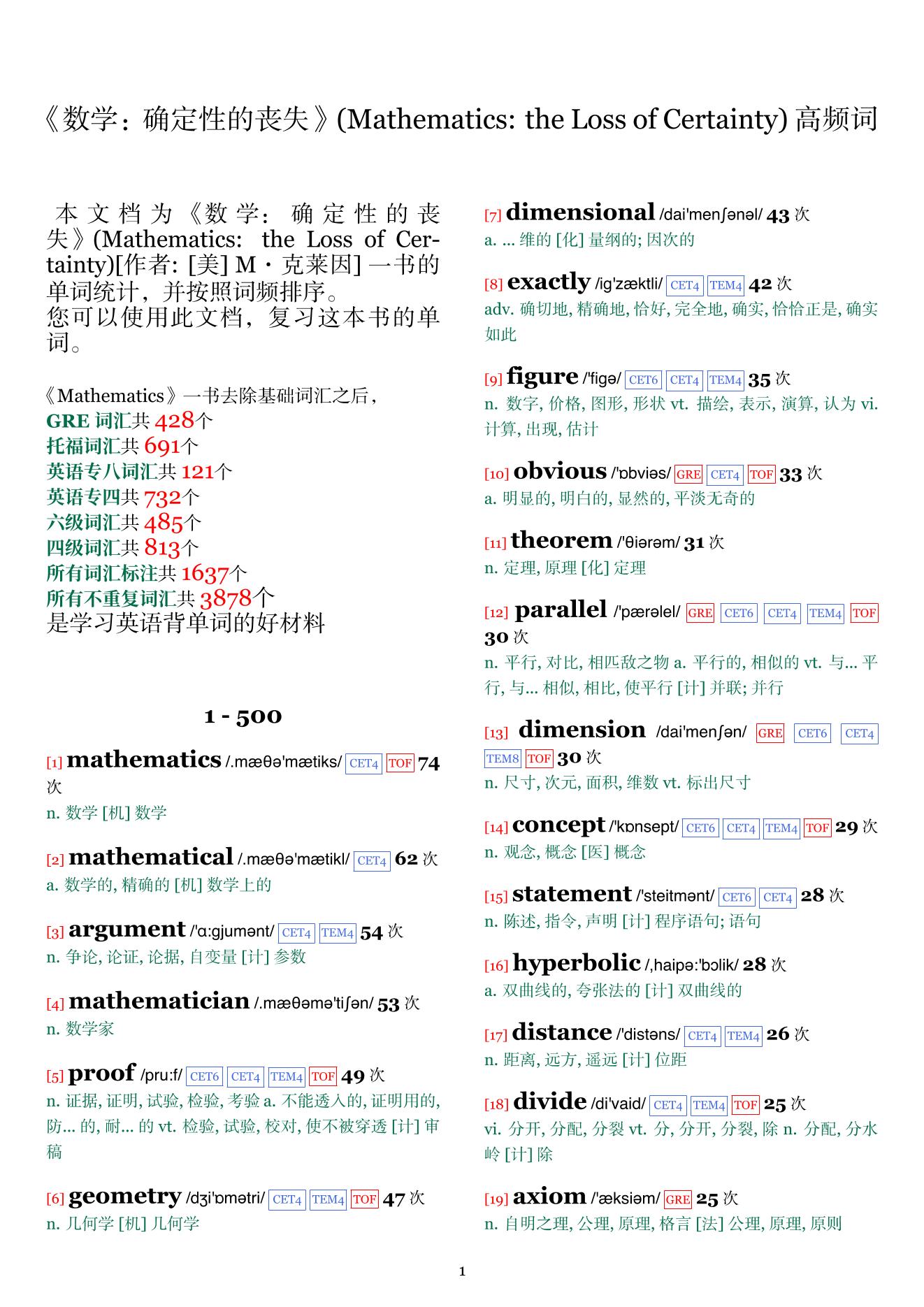 Mathematics: the Loss of Certainty词频统计