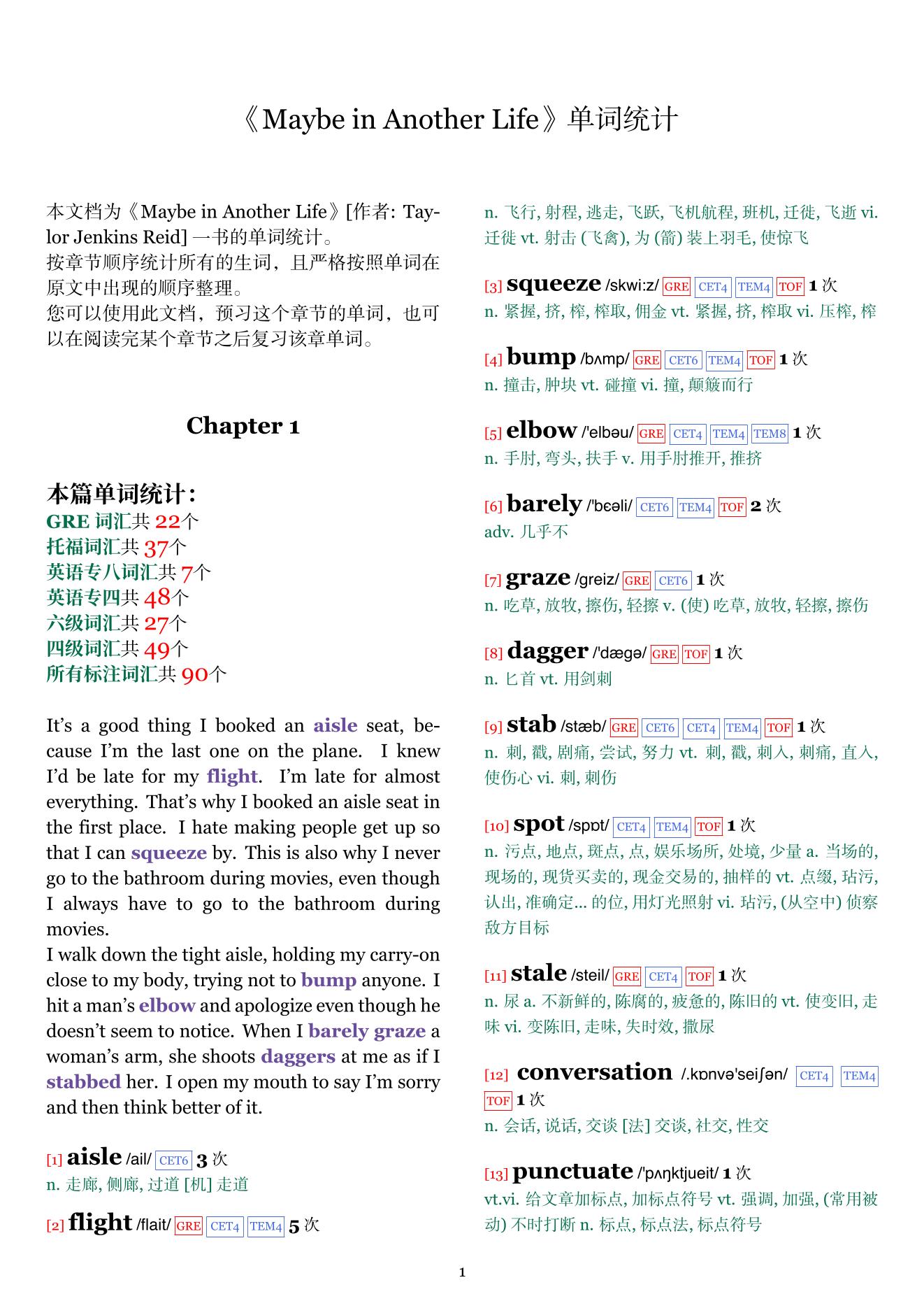 Maybe in Another Life章节单词统计