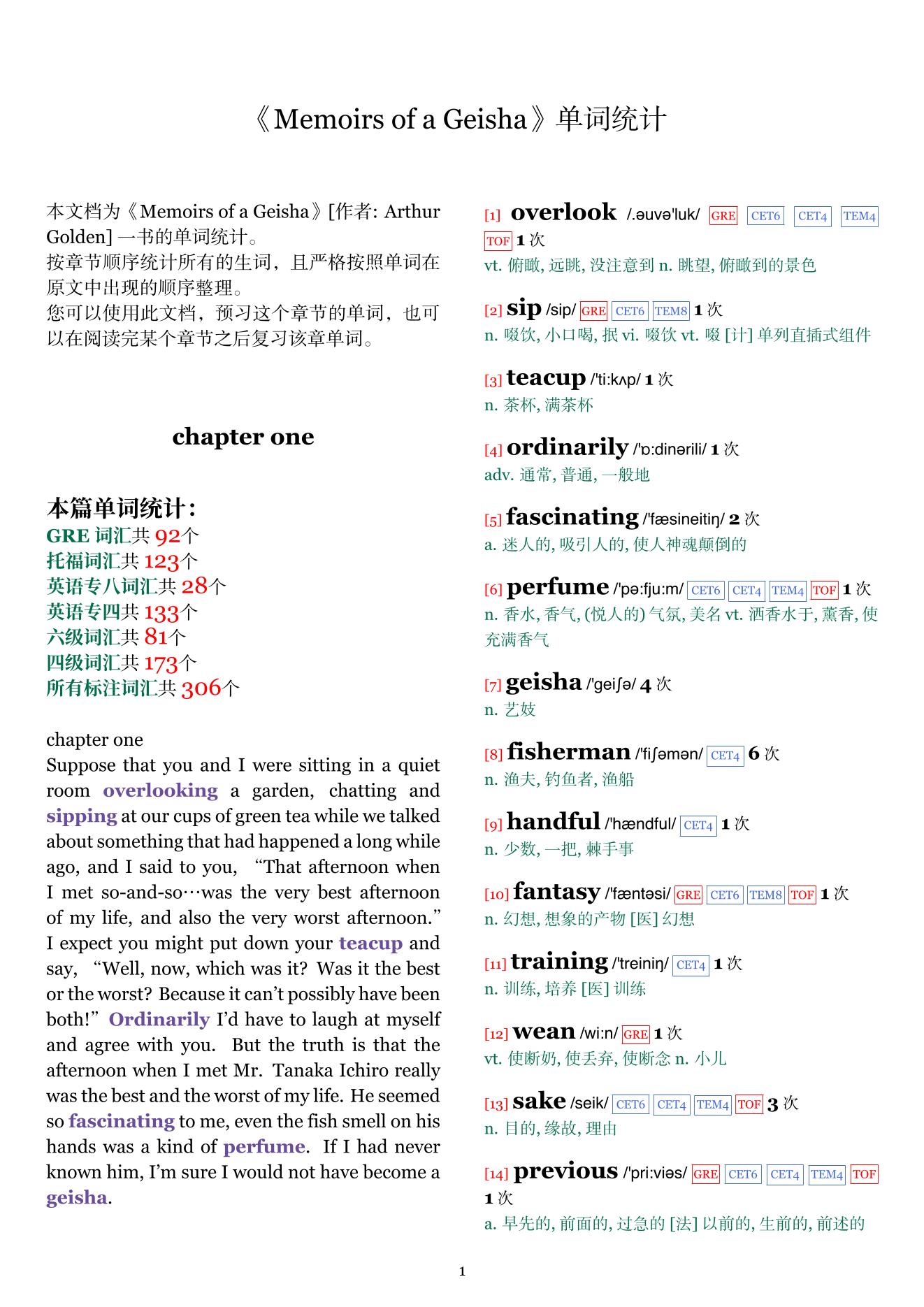 Memoirs of a Geisha章节单词统计