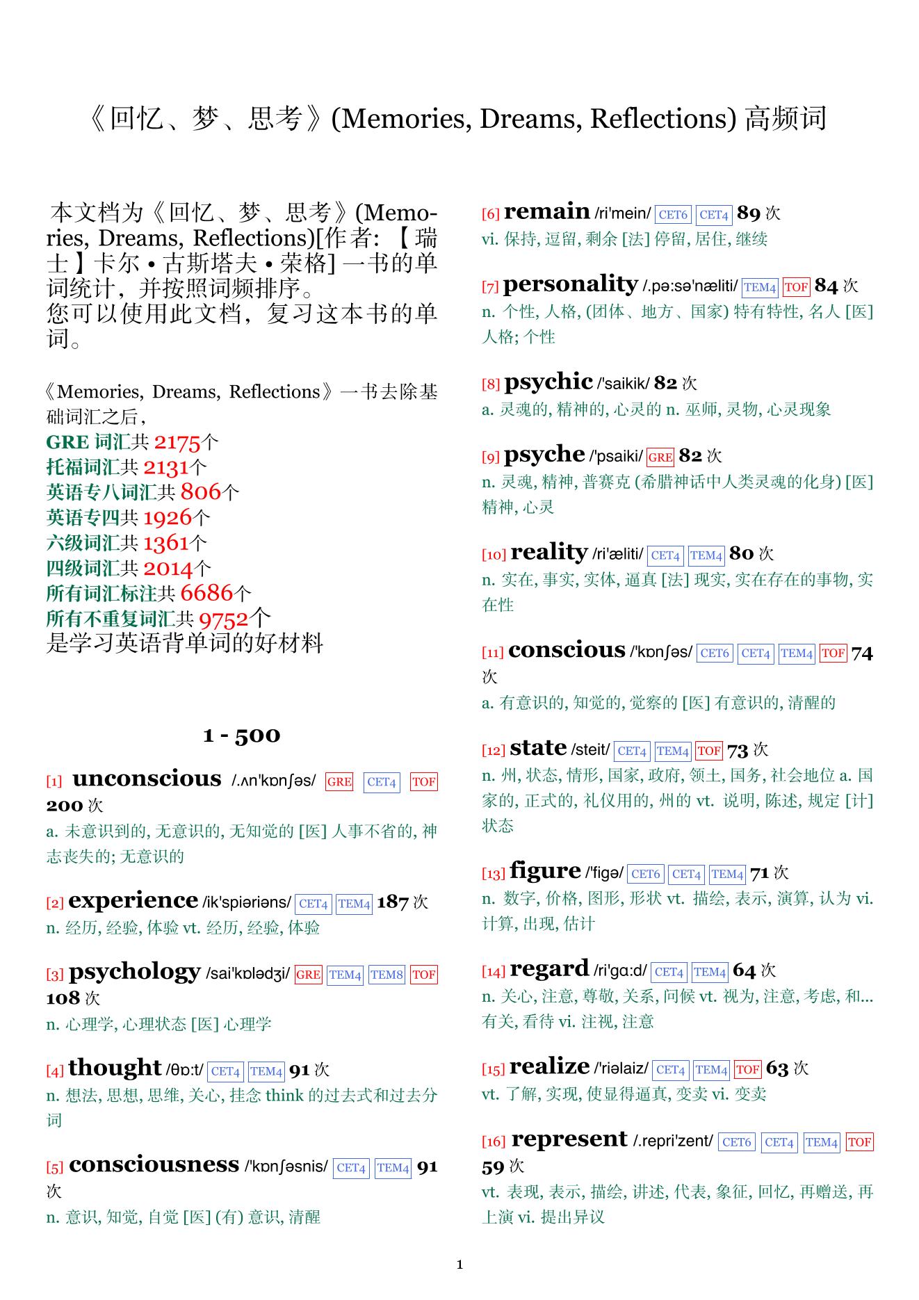 Memories, Dreams, Reflections词频统计