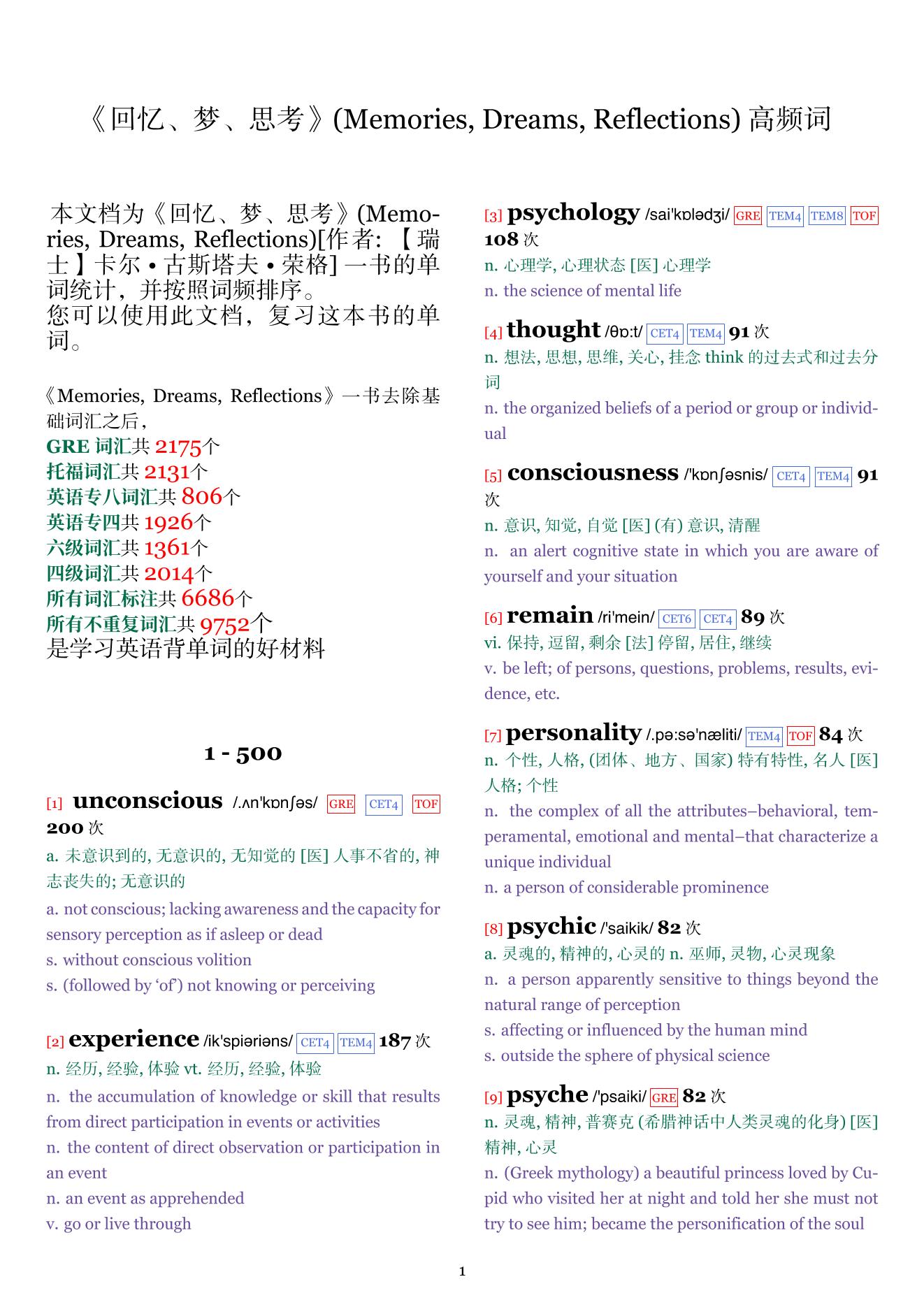 Memories, Dreams, Reflections词频统计