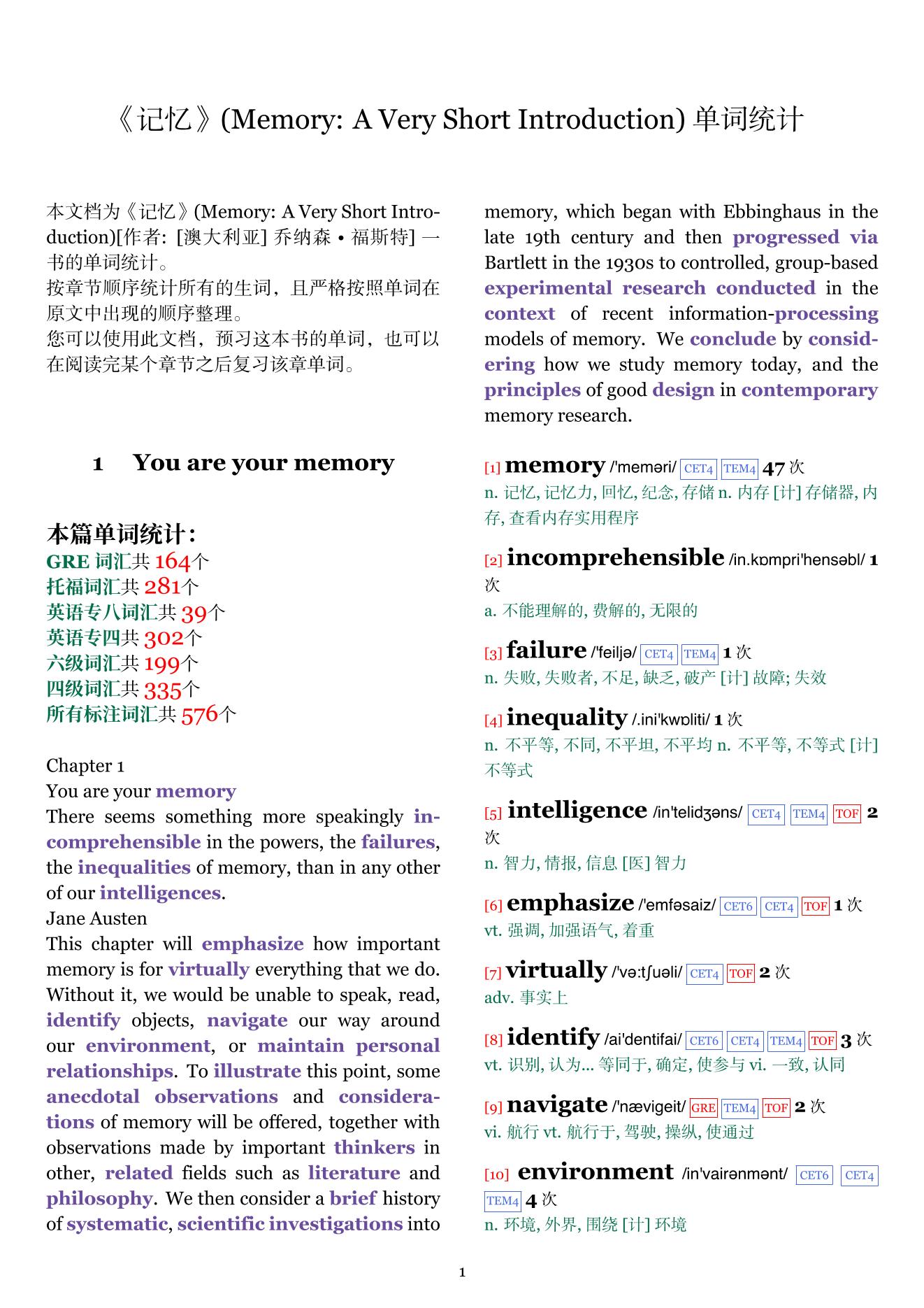 Memory: A Very Short Introduction章节单词统计
