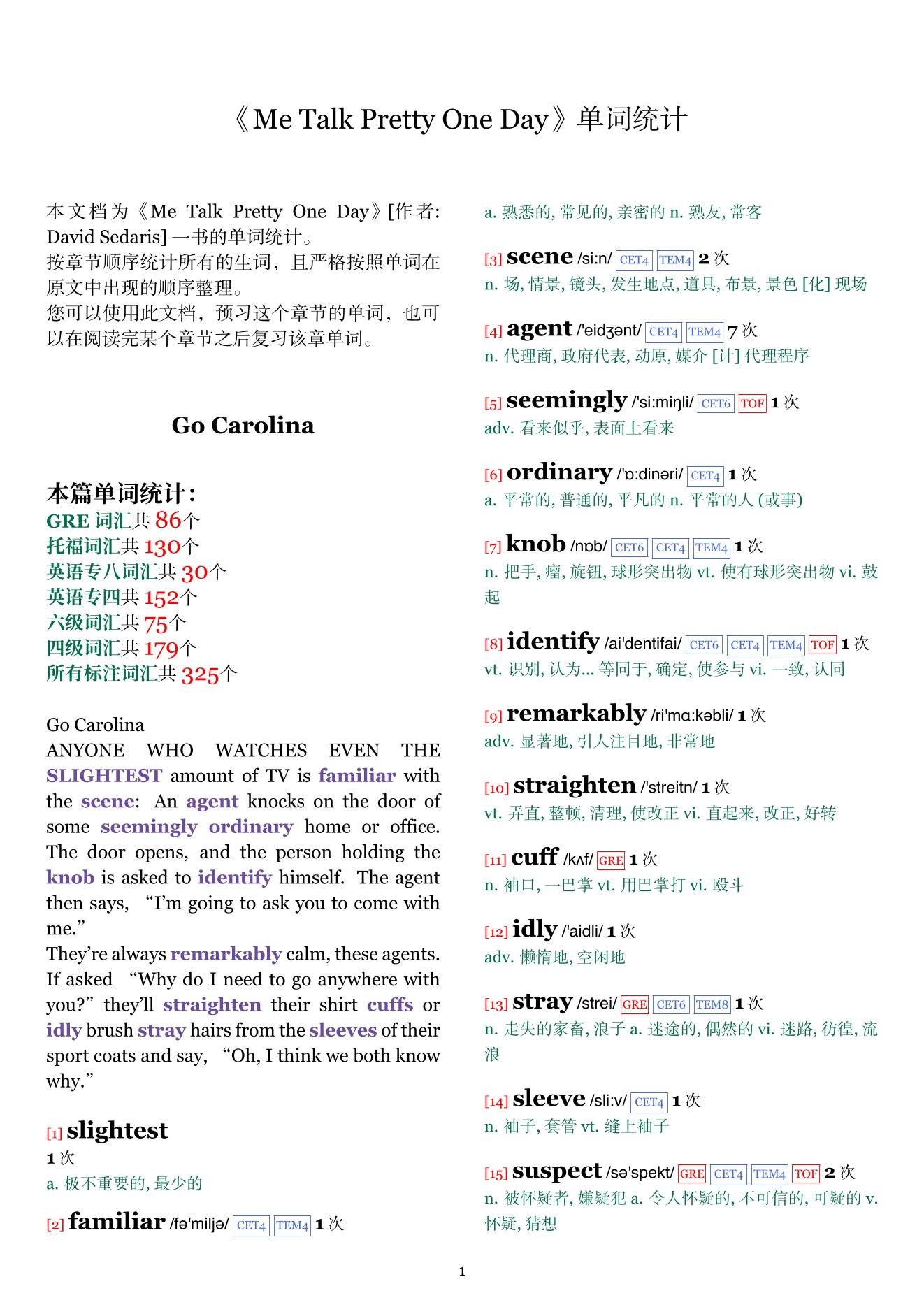 Me Talk Pretty One Day章节单词统计