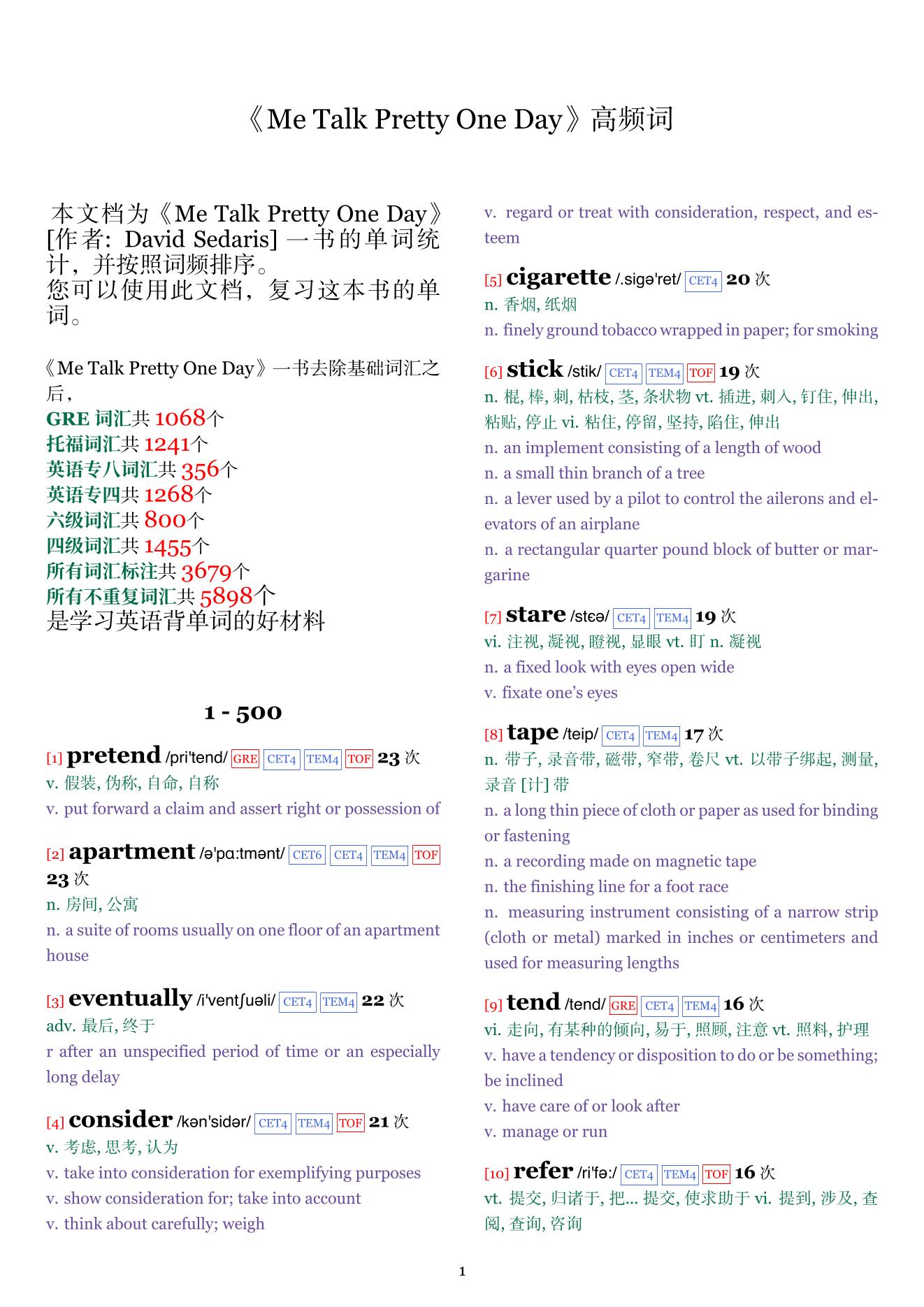 Me Talk Pretty One Day词频统计