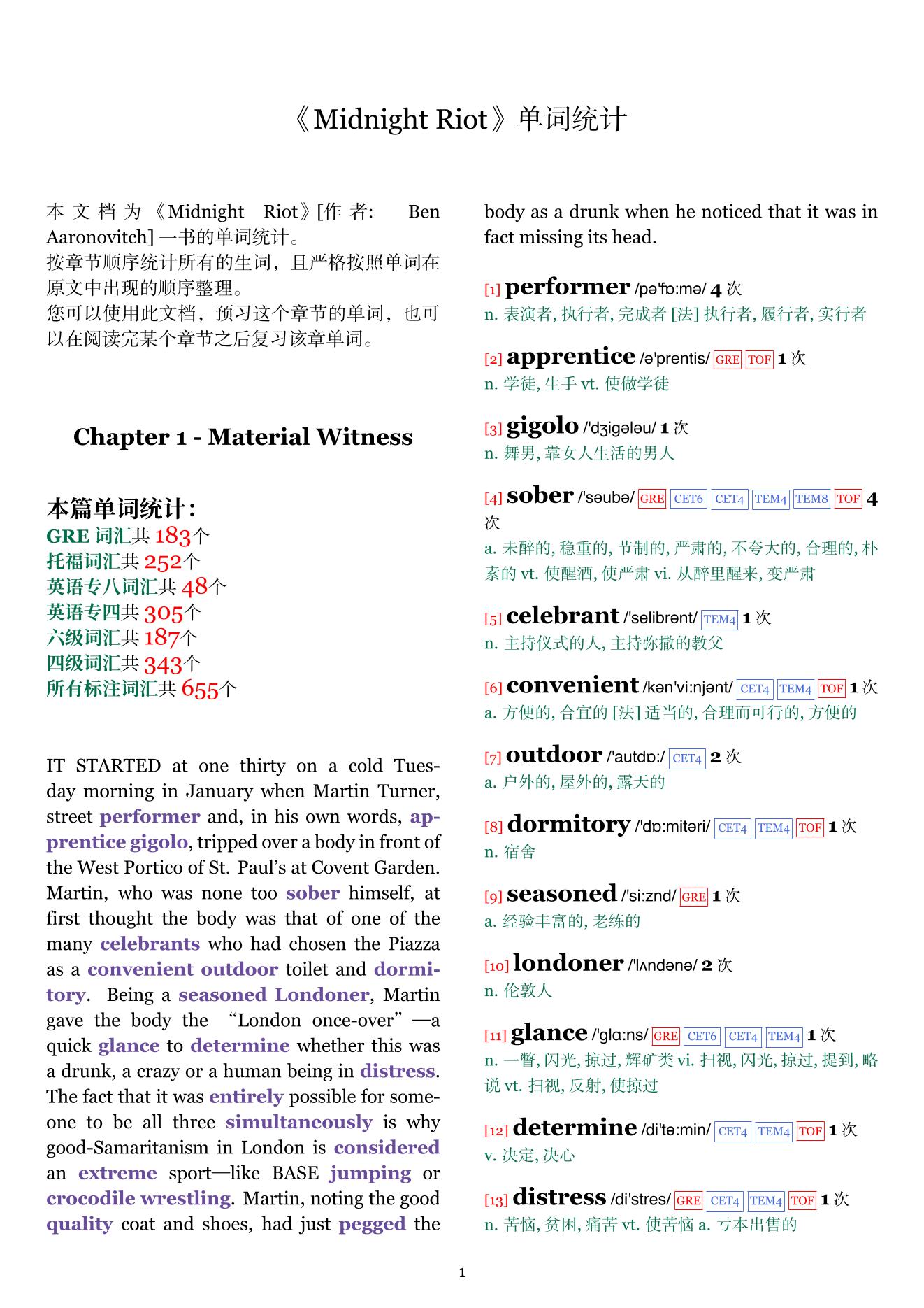 Midnight Riot章节单词统计