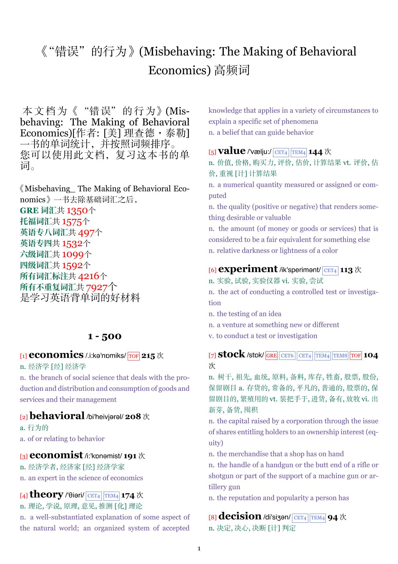 Misbehaving: The Making of Behavioral Economics词频统计