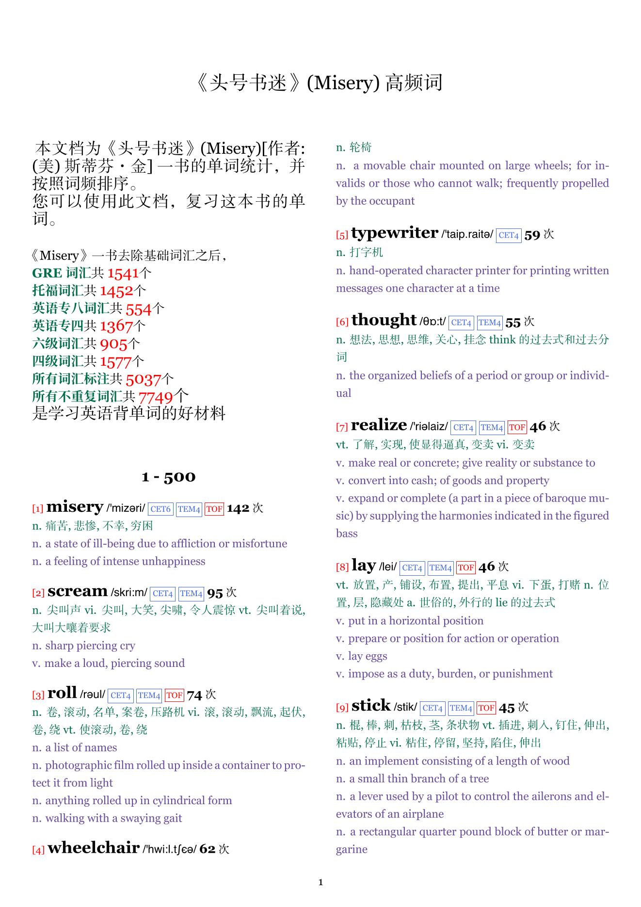 Misery词频统计