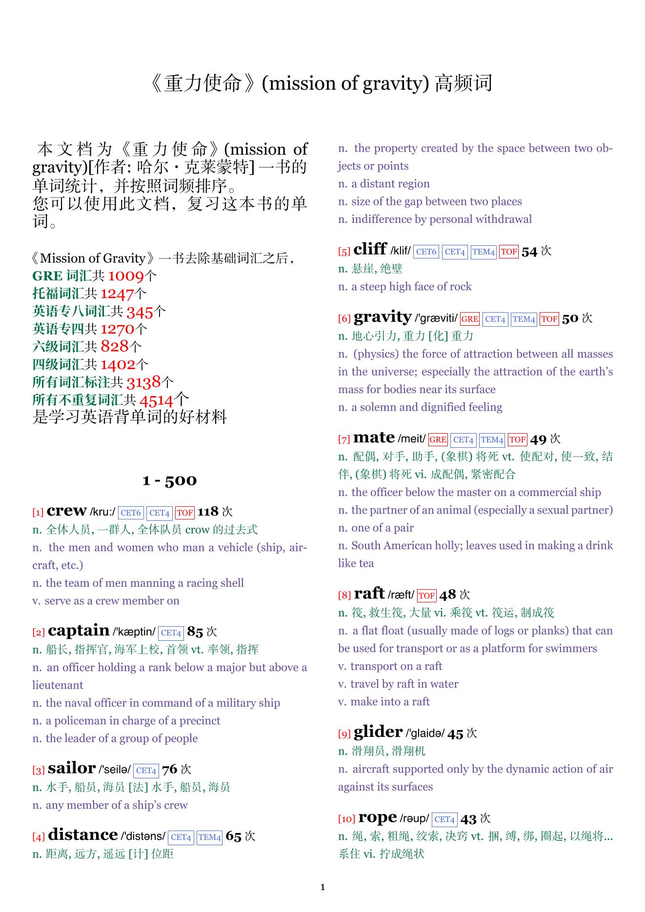 mission of gravity词频统计