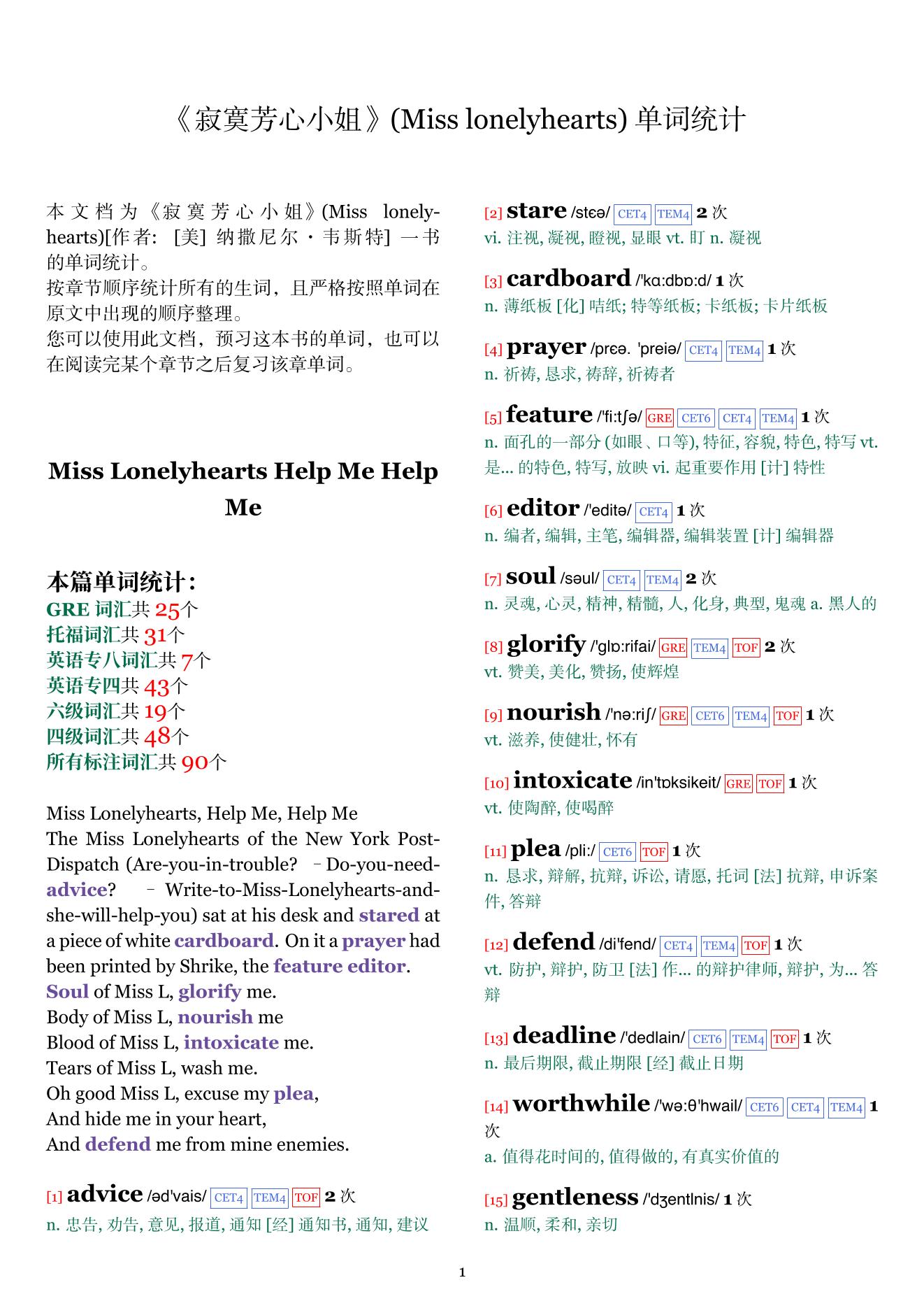 Miss lonelyhearts章节单词统计